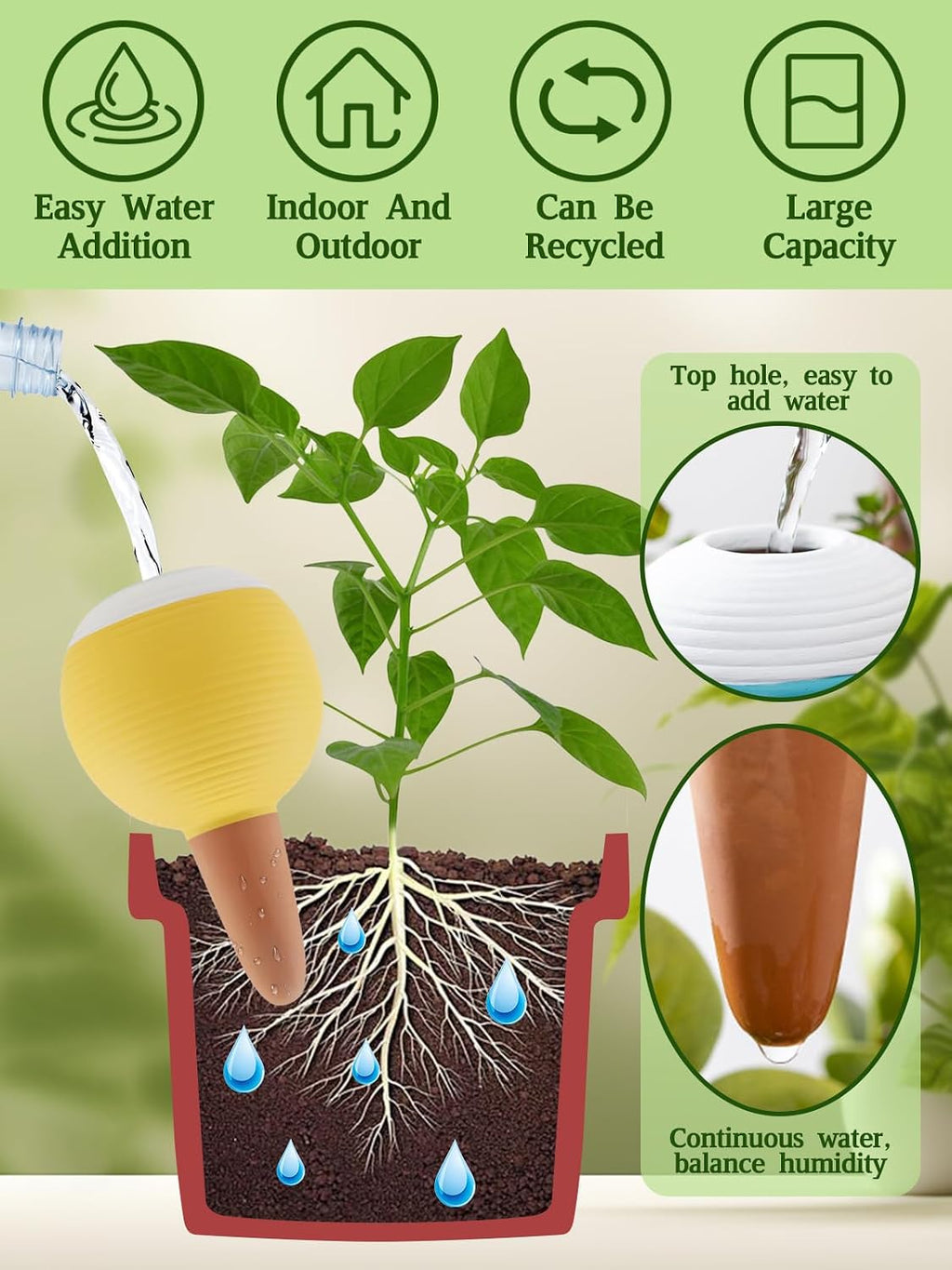 4Pcs Plant Watering Globes, Kalolary Large Terracotta Automatic Watering Stake Devices with Wooden Stopper for Pots