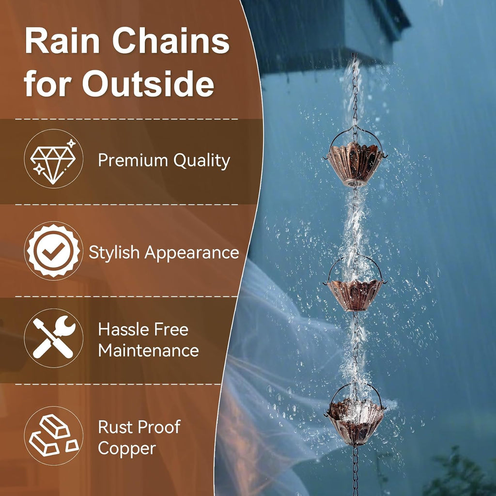 Copper Lotus Rain Chain for Gutters, 8.7 FT Decorative Downspout | Handcrafted Finish, 12 Lotus Cups, Smooth Water