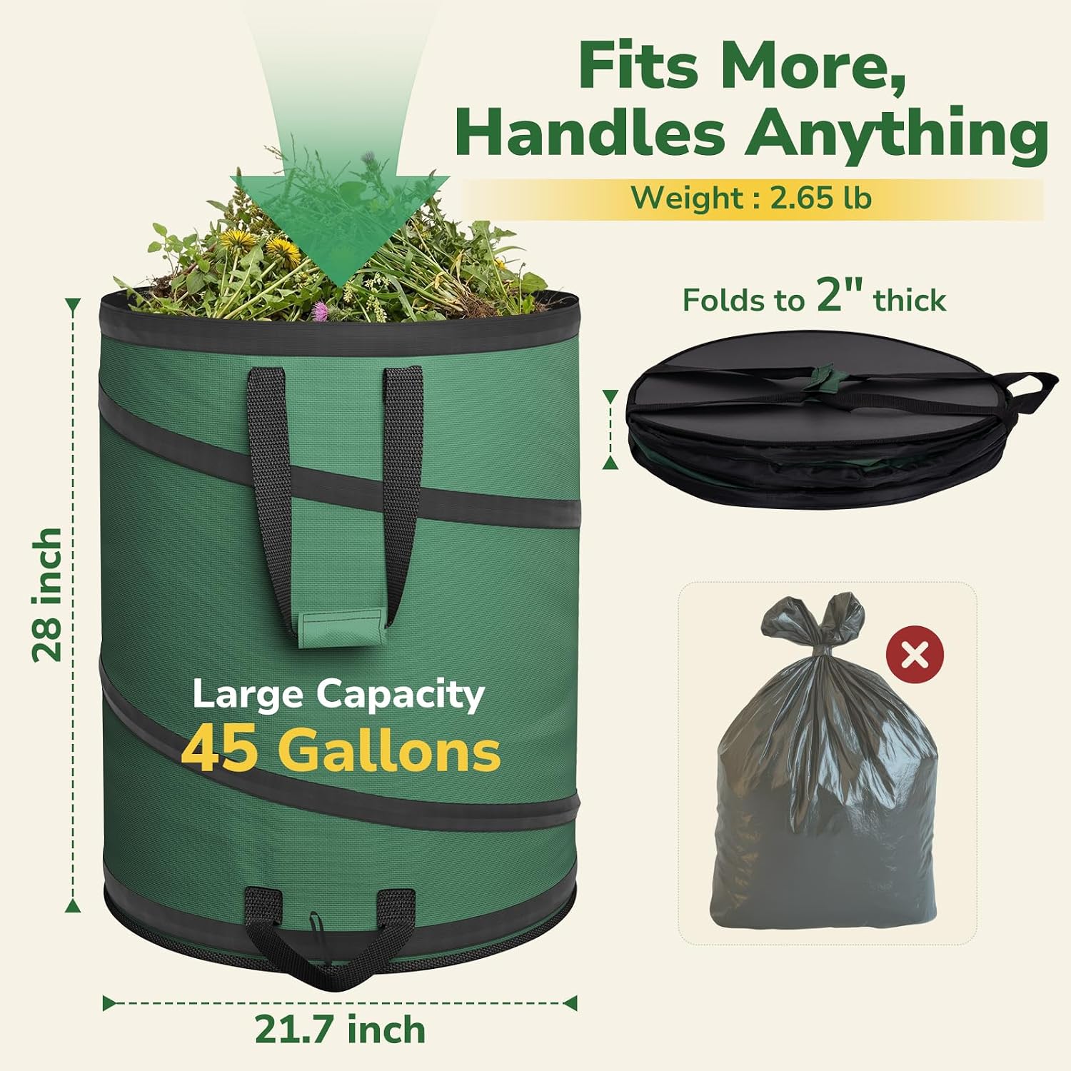 GreatBuddy Collapsible Trash Can 45 Gallon, Pop Up Yard Waste Bags, 600D Oxford Lawn and Leaf Bags with Drainage Holes