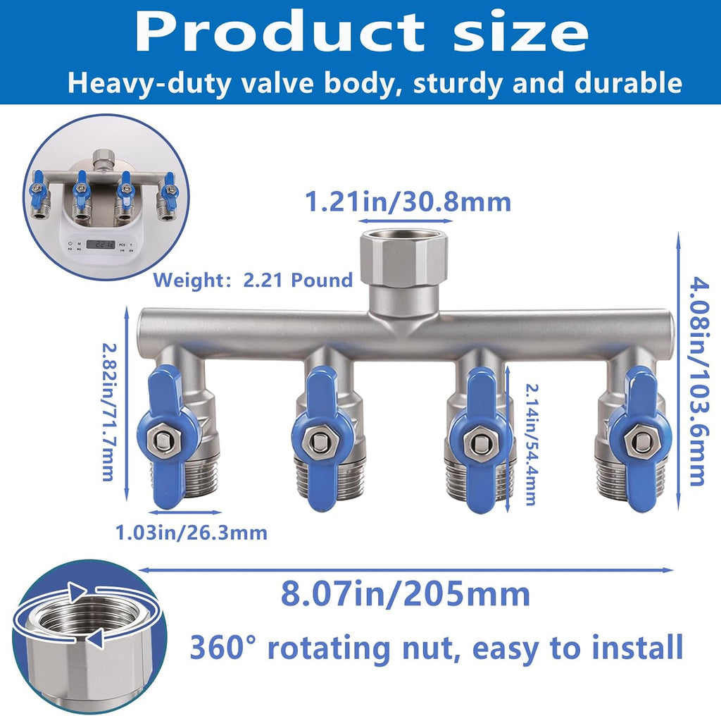 304 Stainless Steel Garden Hose Splitter 4 Way Heavy Duty, Full Flow T Valve Water Hose Splitter With 2.1" Extra Long