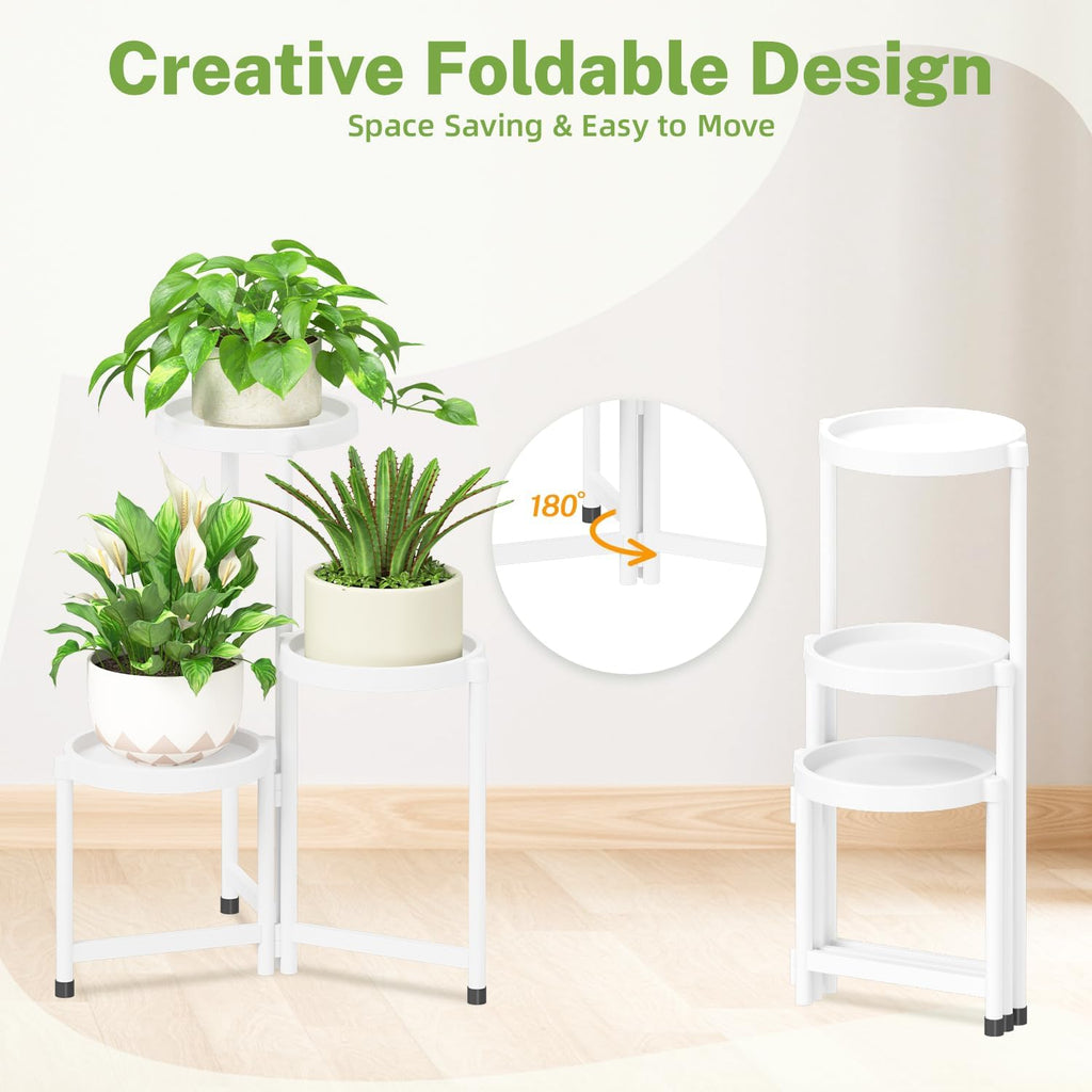 iDavosic.ly 3 Tier Folding Plant Stand Indoor Outdoor, Plastic Tray, White | Space Saving Tiered Corner Storage Display