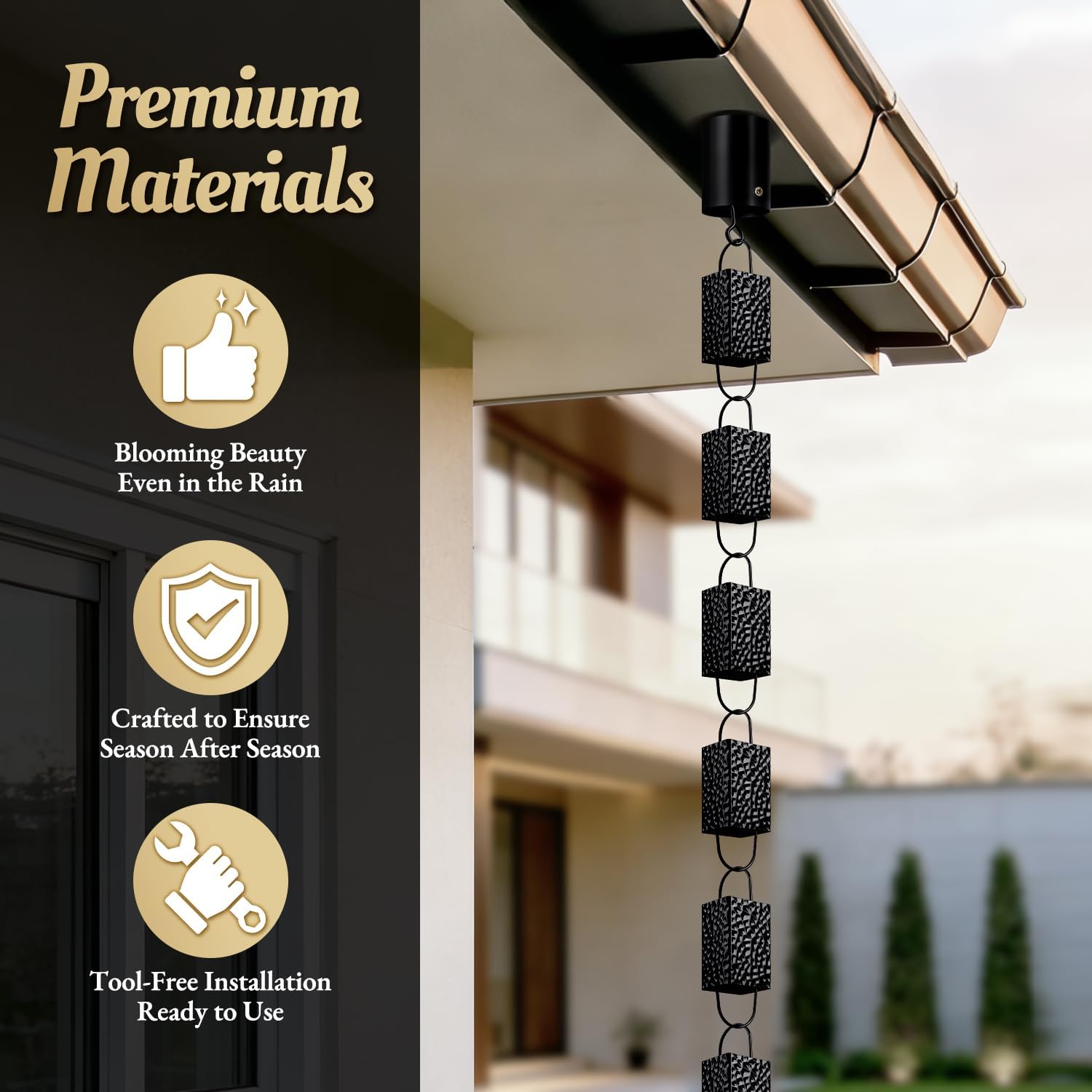 Rain Chains for Gutters Outside Black with Adapter 8.5FT 16 Cups | Square Rain Catcher Chain for Heavy Rain,Rust