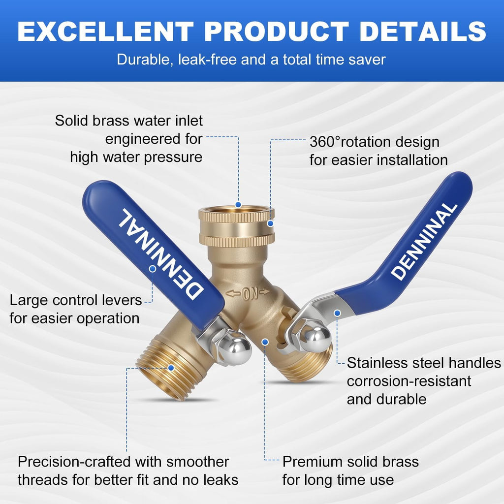 Brass Garden Hose Splitter 2 Way Heavy Duty, Safe Water Hose Splitter with 304 Stainless Steel Long Handle, Outdoor