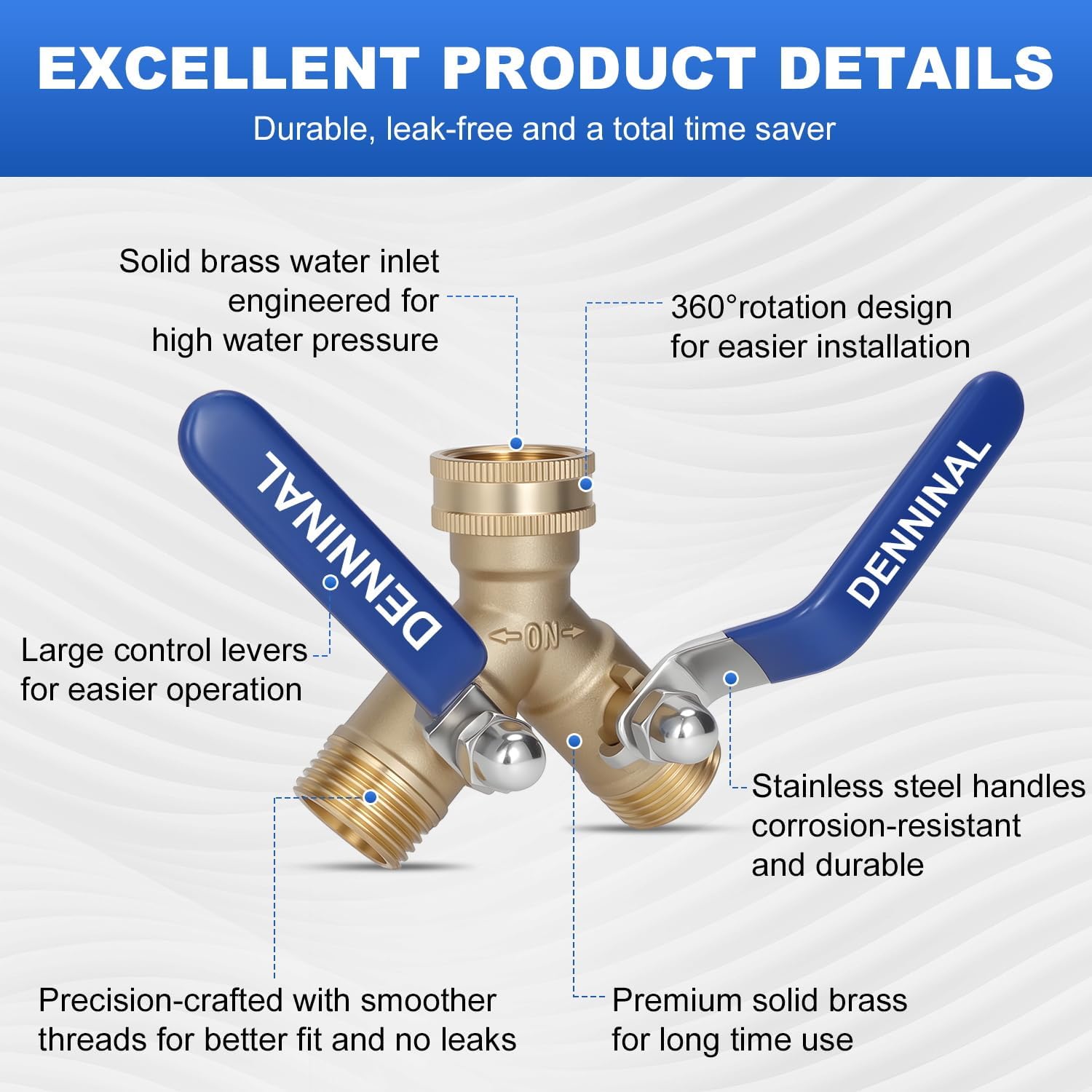 Brass Garden Hose Splitter 2 Way Heavy Duty, Safe Water Hose Splitter with 304 Stainless Steel Long Handle, Outdoor