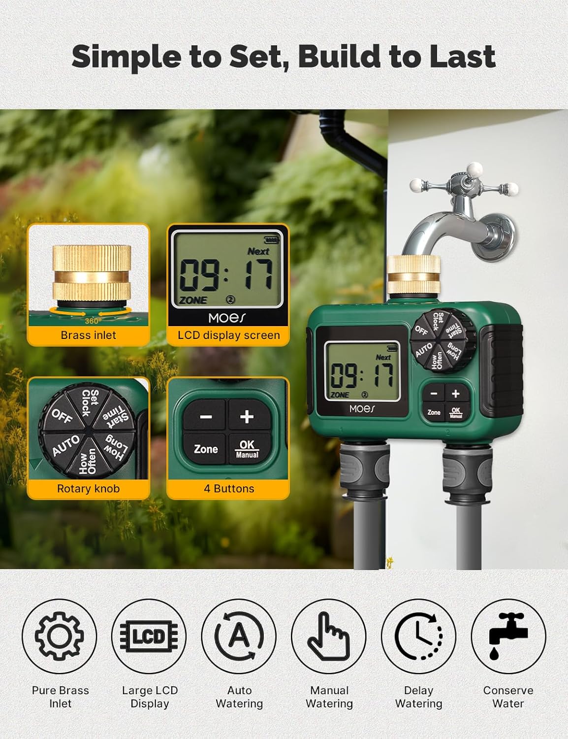MOES 2 Zone Sprinkler Timer for Garden Hose,Brass Inlet Water Timer | Programmable Automatic Irrigation Controller