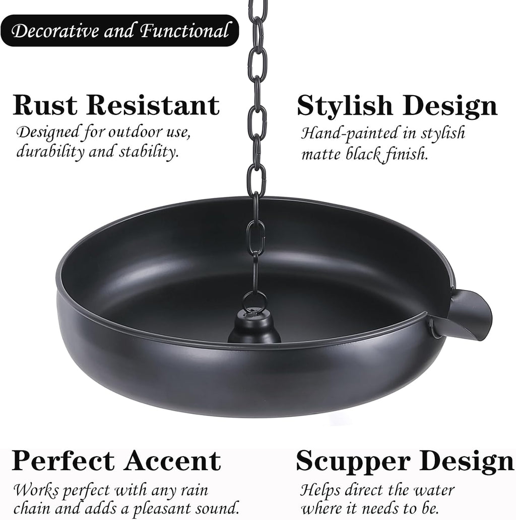 Rain Chain Anchoring Basin, Metal Bowl for Rain Chain Downspout Gutters, Black Rain Chain Basin of Chain Display for
