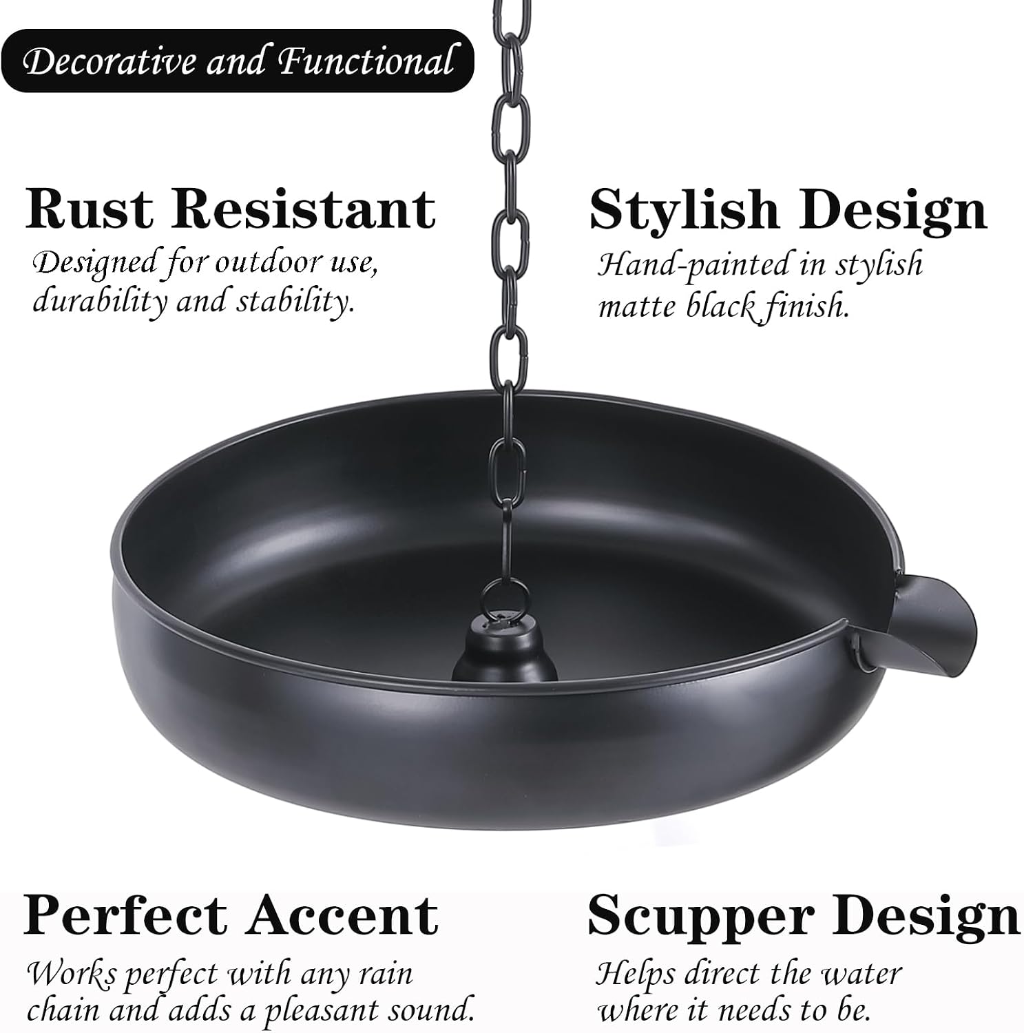 Rain Chain Anchoring Basin, Metal Bowl for Rain Chain Downspout Gutters, Black Rain Chain Basin of Chain Display for