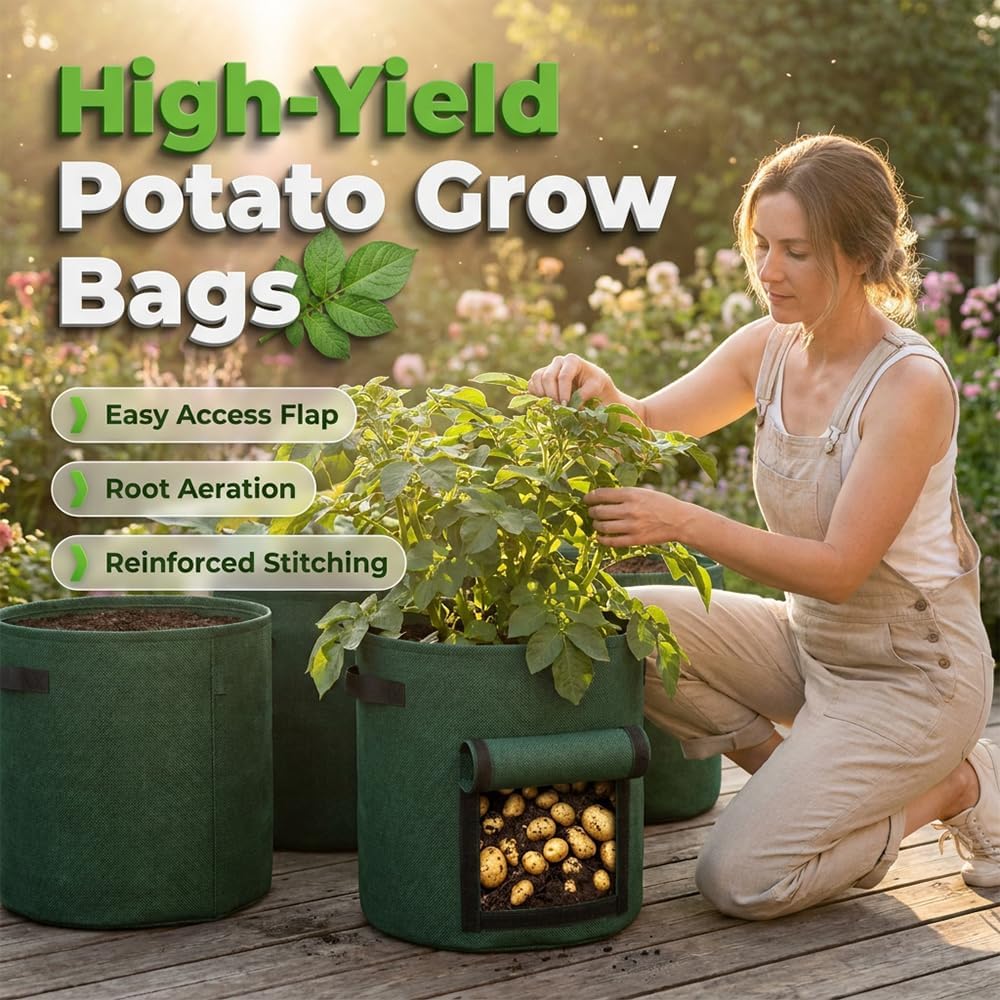 Potato Grow Bag Heavy Duty Thickened Non-Woven Fabric Grow Bags with Harvest Flap – Green Plant Pots for Vegetables