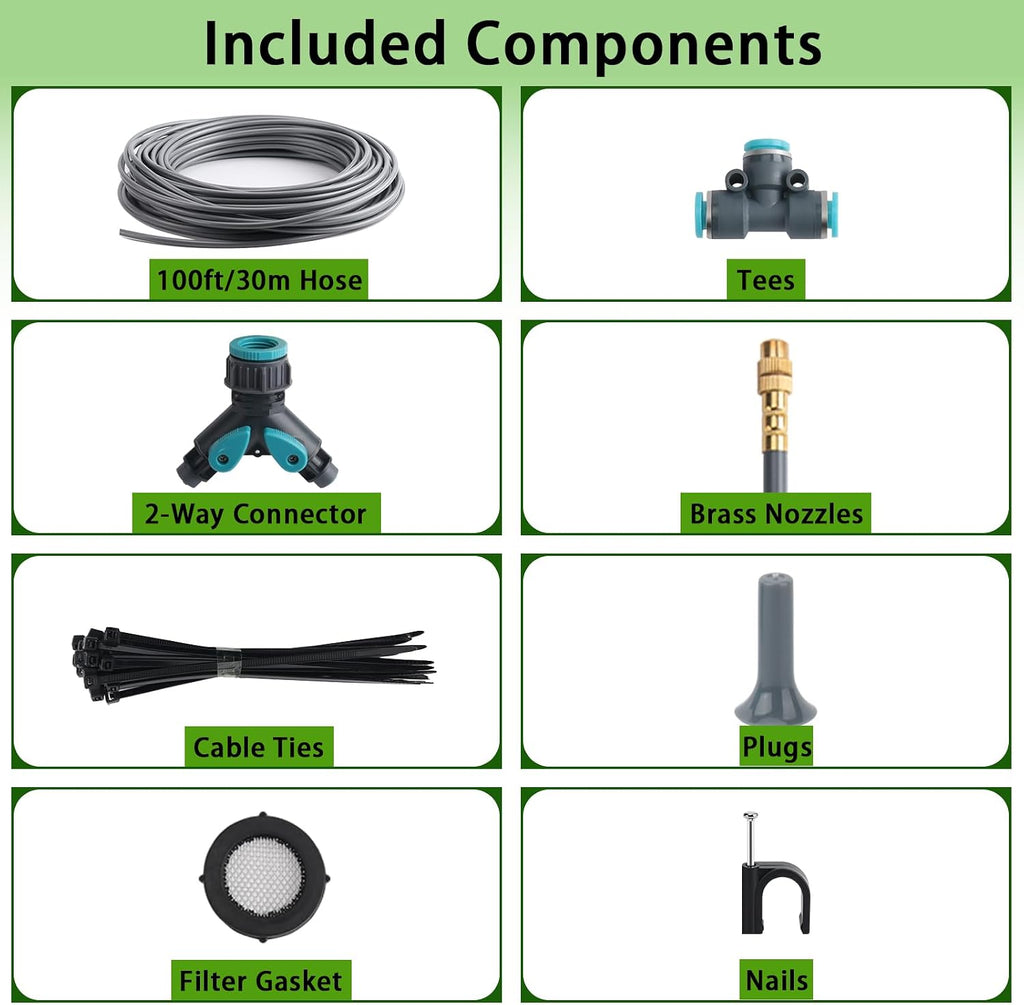 100FT 1/4" Quick-Connect Drip Irrigation System Kit, Automatic Garden Watering System with 16 Pcs Adjustable Spray