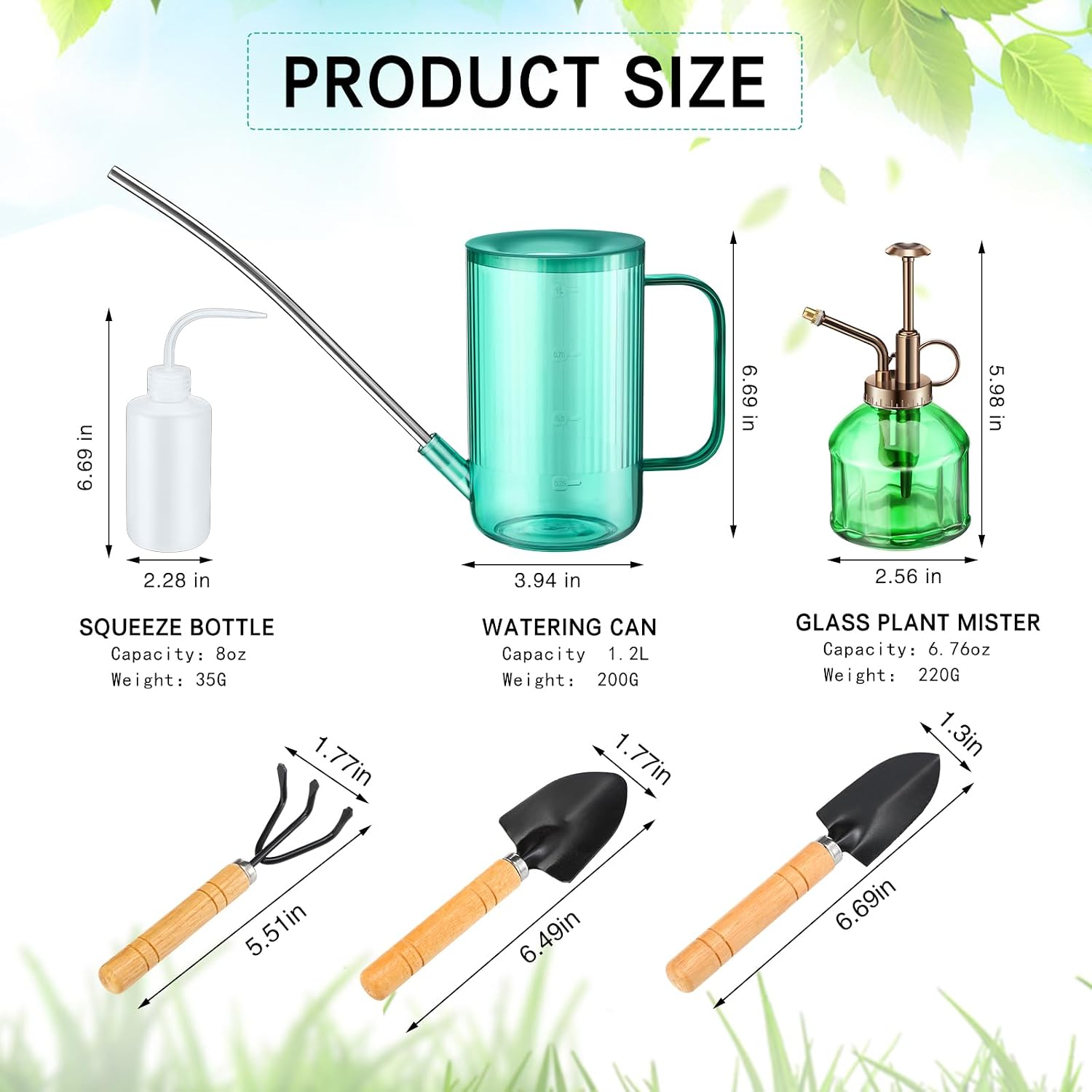 Set of 7 6.3'' Vintage Glass Plant Mister Modern 1.2l Long Spout Watering Can Squeeze Bottle Soil Moisture Meter 3 Pcs