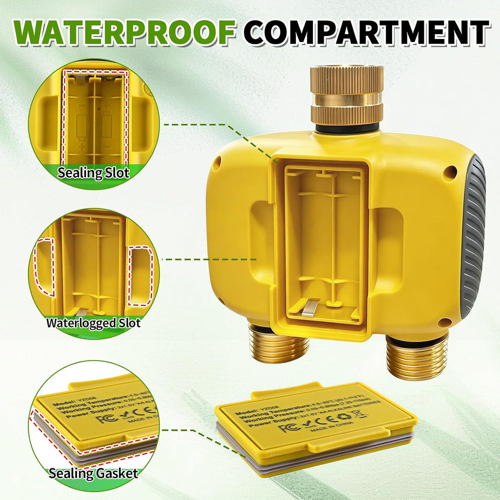 Upgraded Brass Sprinkler Timer-2 Zone Water Hose Timers with Metal Inlet & Outlet-Waterproof & Programmable Design