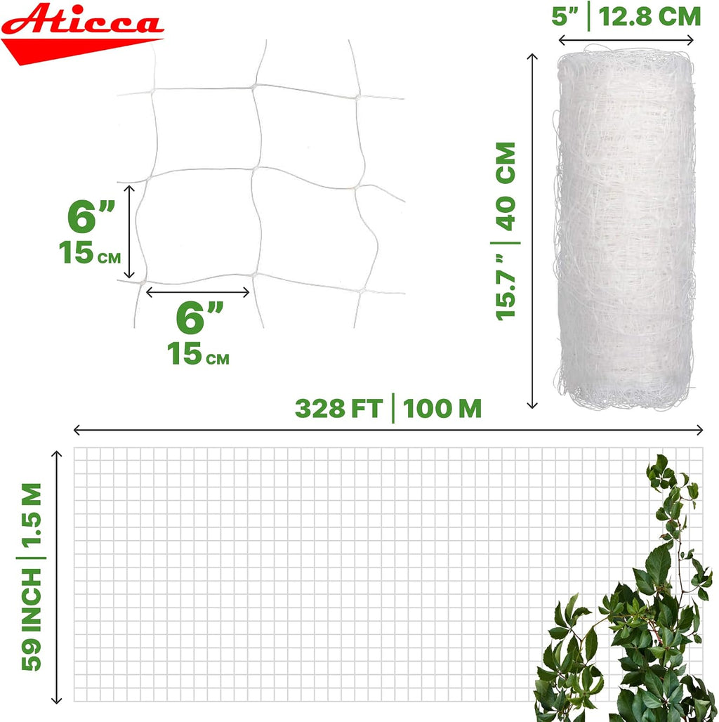 ATICCA Plastic Trellis Netting 59" x 328 ft Heavy Duty Plant Support Netting White - 6 Inch Garden Trellis on Roll
