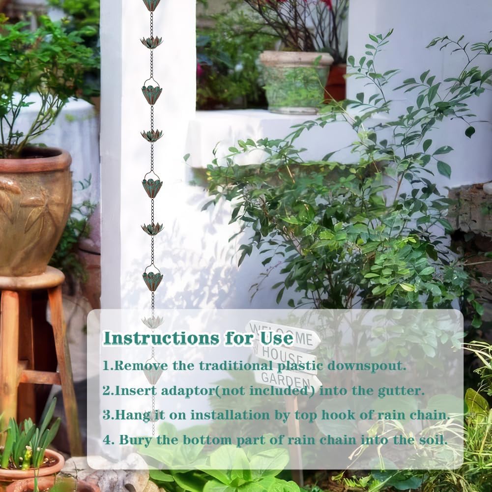 10.3ft Lotus Rain Chains for Outside Gutters, Eaves, Drainage | 16 Cups, Metal Rain Chain, Adjustable Length