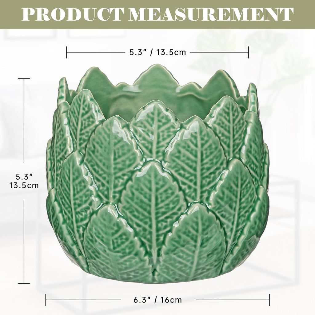 Hollyone 6 inch Ceramic Planter Pot Leaf with Drainage Hole Glazed Ceramic Planter Garden Embossed Botanical Design