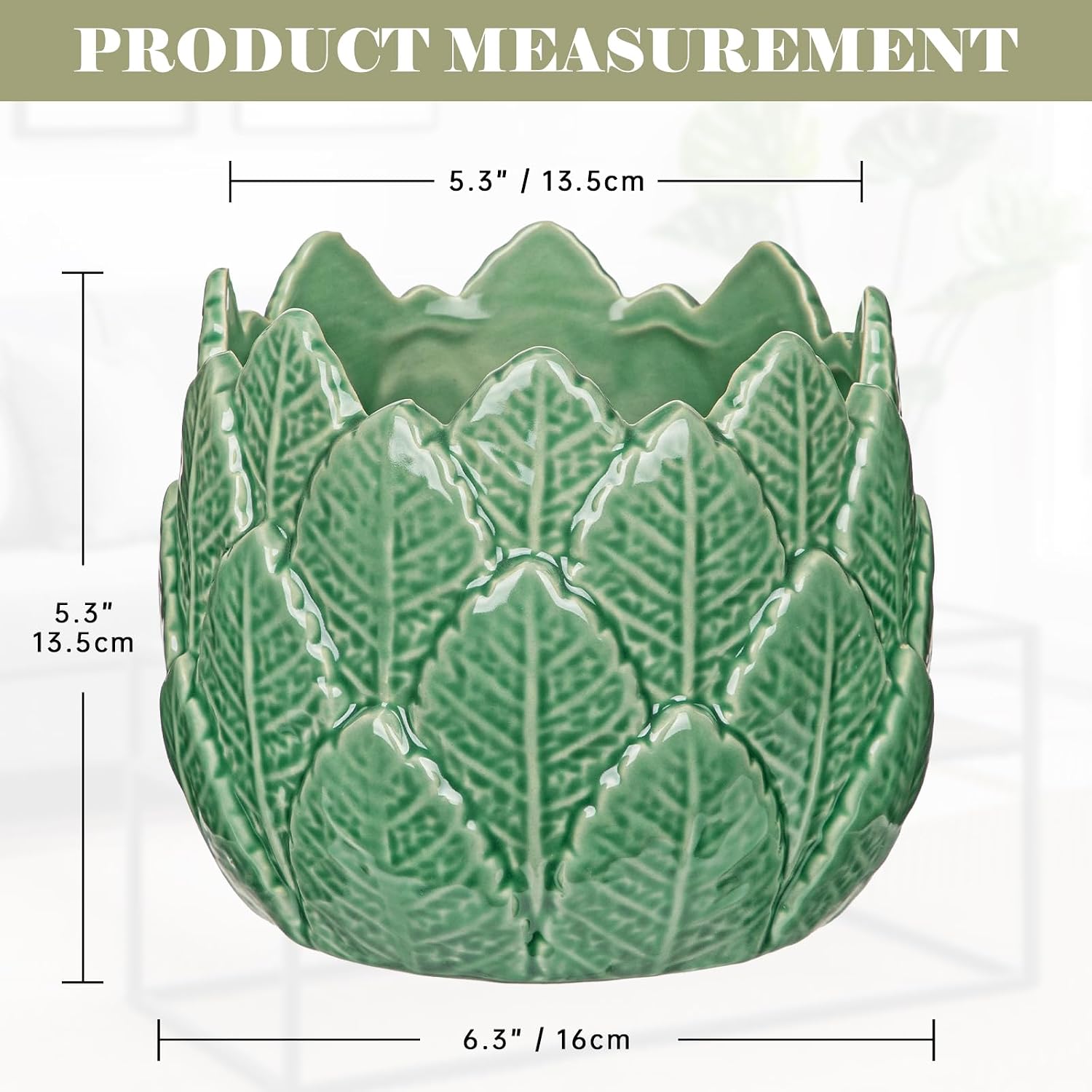 Hollyone 6 inch Ceramic Planter Pot Leaf with Drainage Hole Glazed Ceramic Planter Garden Embossed Botanical Design