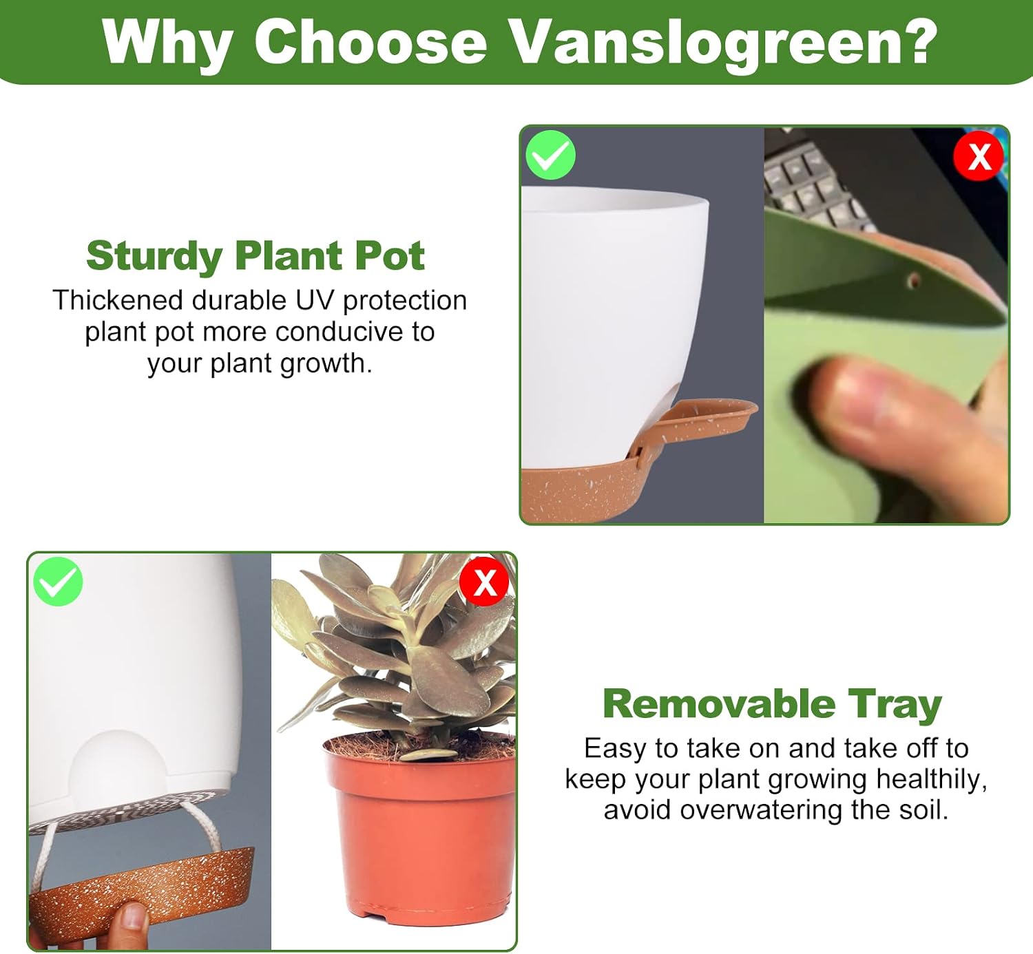 Vanslogreen Flower Pots, 8/7/6.5/6/5.5/5 Inch Self Watering Planters for Indoor Outdoor Plants with Drainage Hole