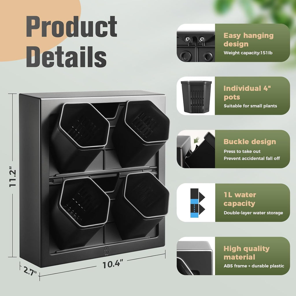 Wall Mounted Planter, Vertical Garden with 4 Grow Pots | Ready-to-use wall planter with 4 pots for herbs, succulents