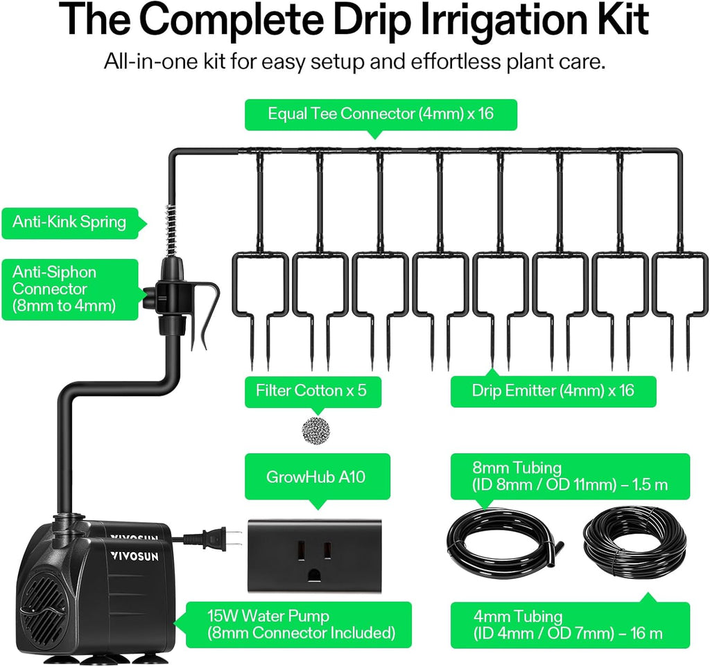 VIVOSUN Automatic Drip Irrigation Kit, Smart Watering System | 16 Drip Emitters, 4mm Fast Flow, App-Controlled, Quiet