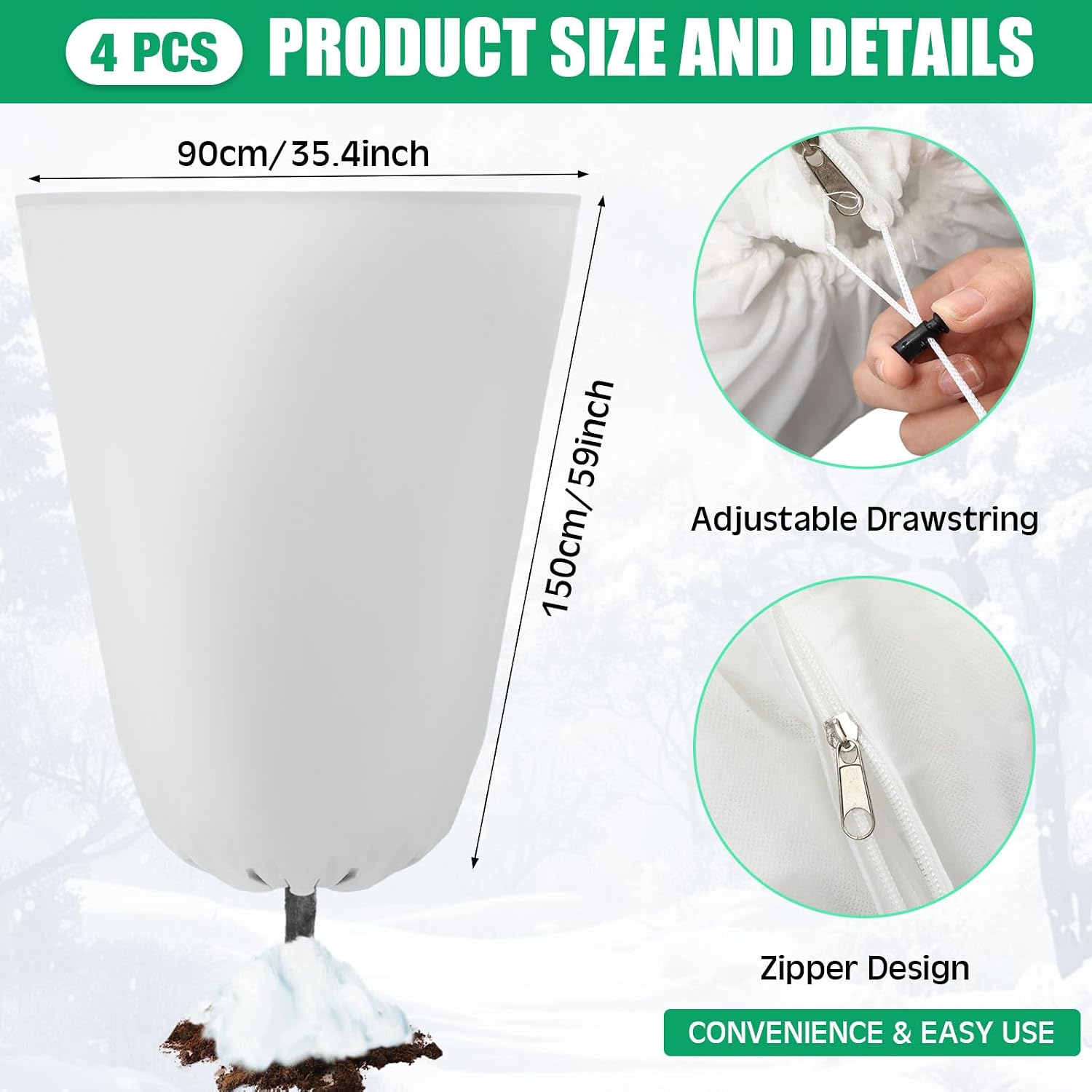 4 Pcs Plant Covers Freeze Protection 35.4" x 59" Winter Frost Blankets for Outdoor Plants with Zipper Drawstring Frost