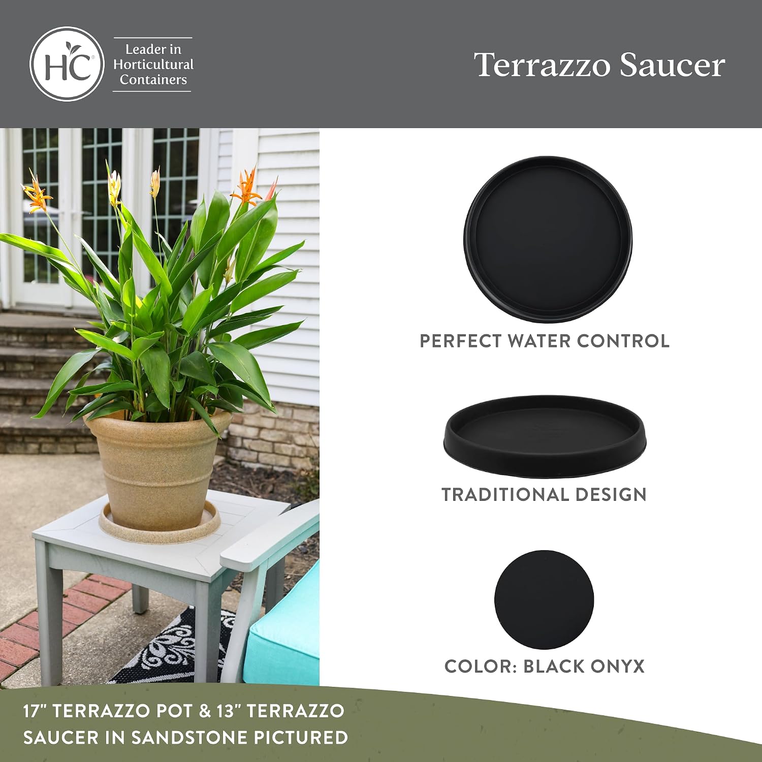 The HC Companies Terrazzo Plant Saucer, 15 Inch, Black Onyx, 1-Pack | Plastic, Lightweight, UV-Resistant, for Indoor &