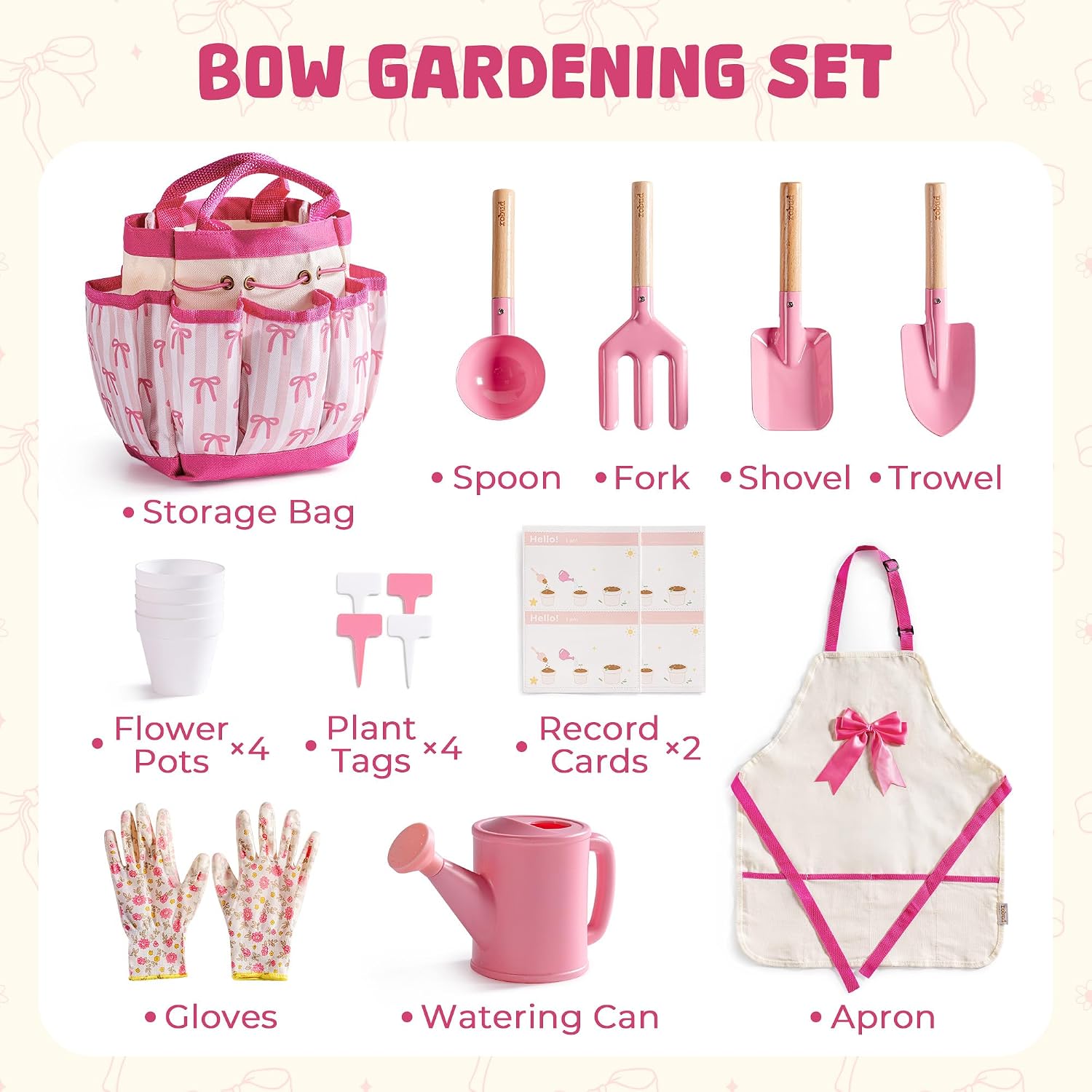 ROBUD Kids Gardening Set, Educational Outdoor STEM Gardening Toy Gift, Pink | 18 PCS Bow Theme, Storage Bag, Watering
