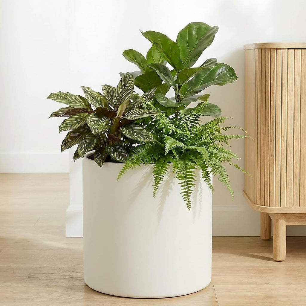 Beige Metal Plant Pot with Drainage Hole, 10 Inch Mid Century Pot Indoor Outdoor Planters for Succulents, Flowers &