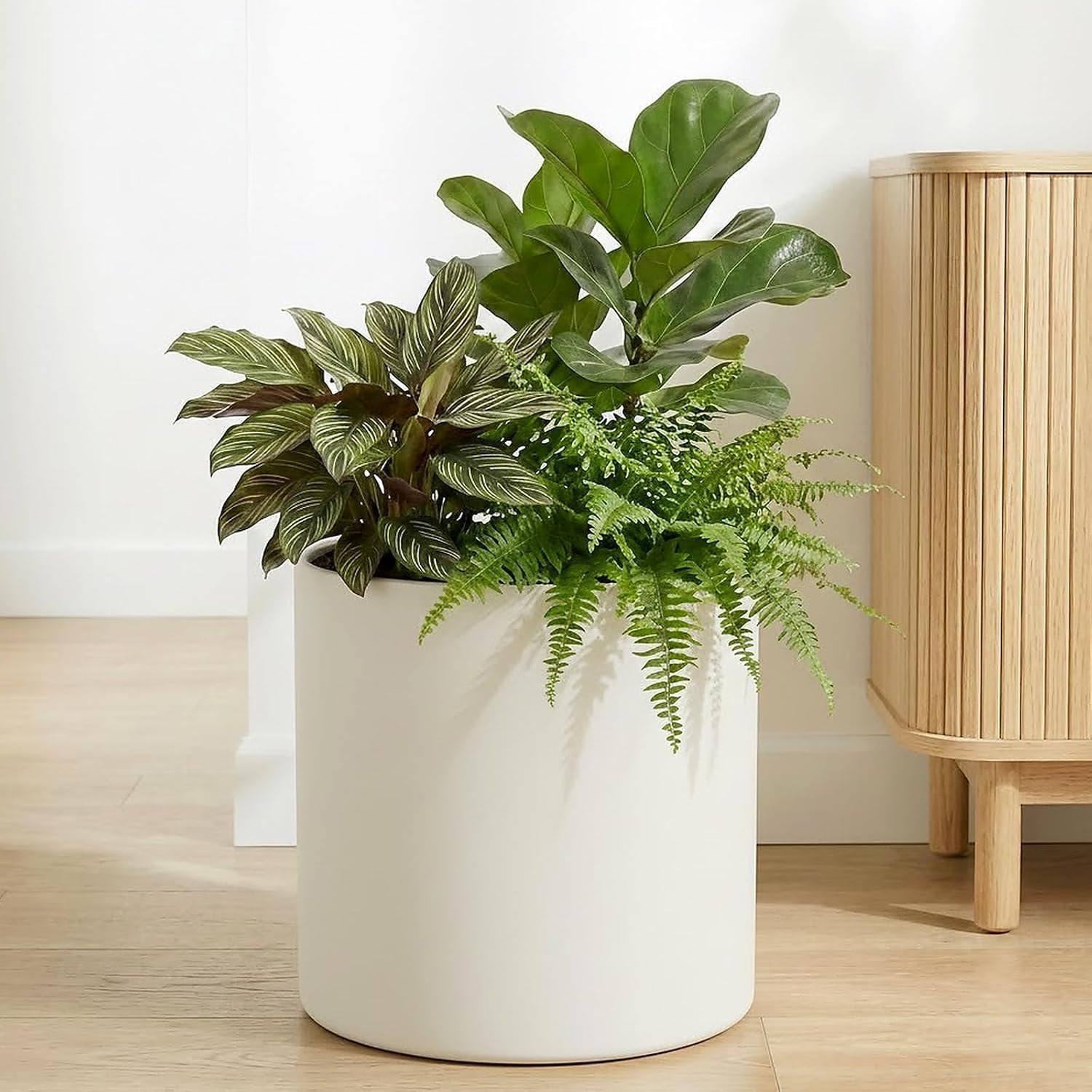 Beige Metal Plant Pot with Drainage Hole, 10 Inch Mid Century Pot Indoor Outdoor Planters for Succulents, Flowers &