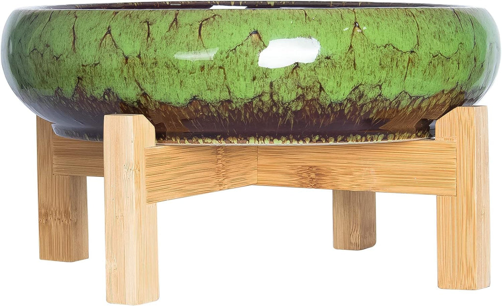 ARTKETTY Succulent Pot, 10 Inch Large Succulent Planter Pot with Stand, Ceramic Bonsai Pot with Mess Drainage Screen