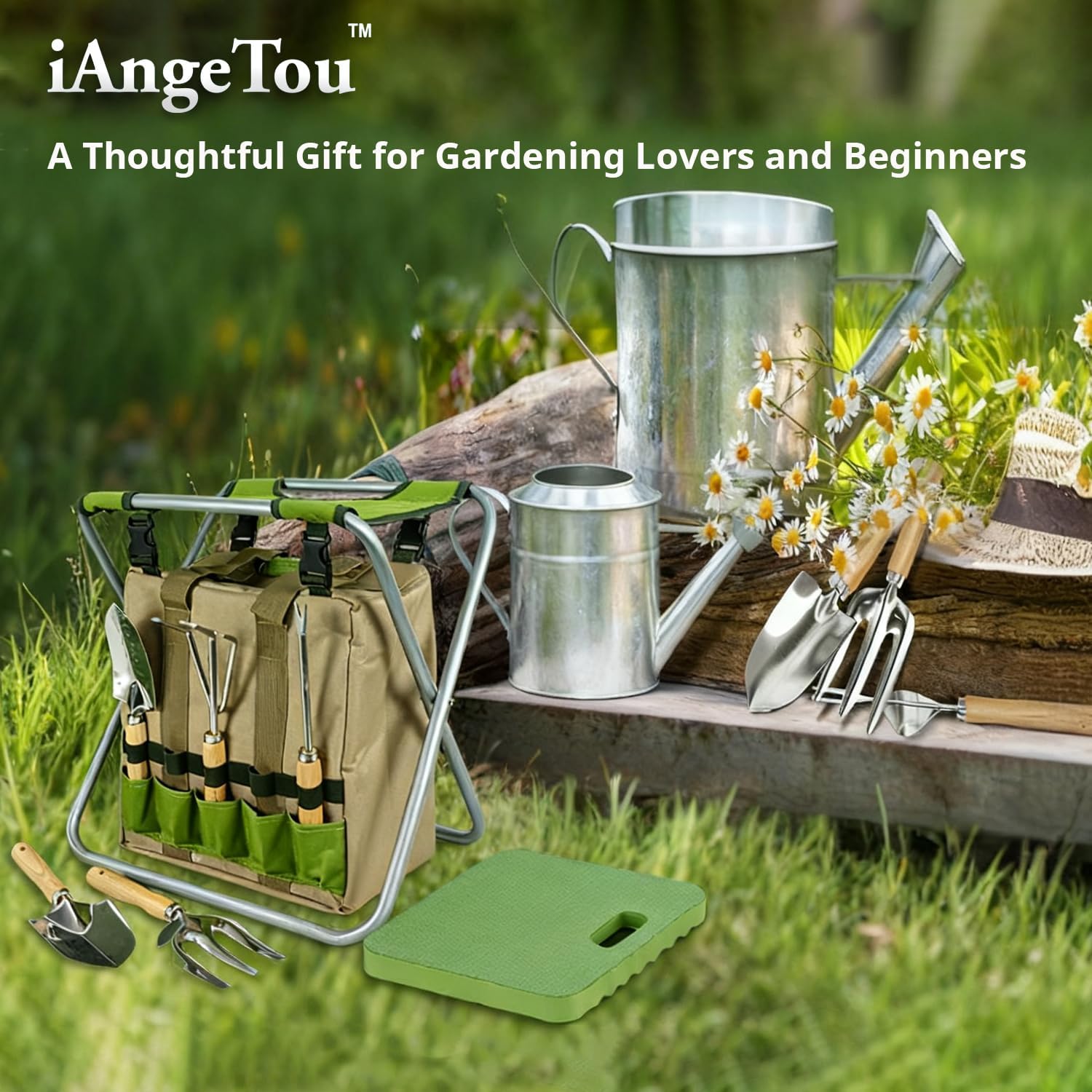 Folding Garden Kneeler Stool with Tool Set - 8 Piece Gardening Kit with Insulated Bag, Knee Pad, 5 Hand Tools