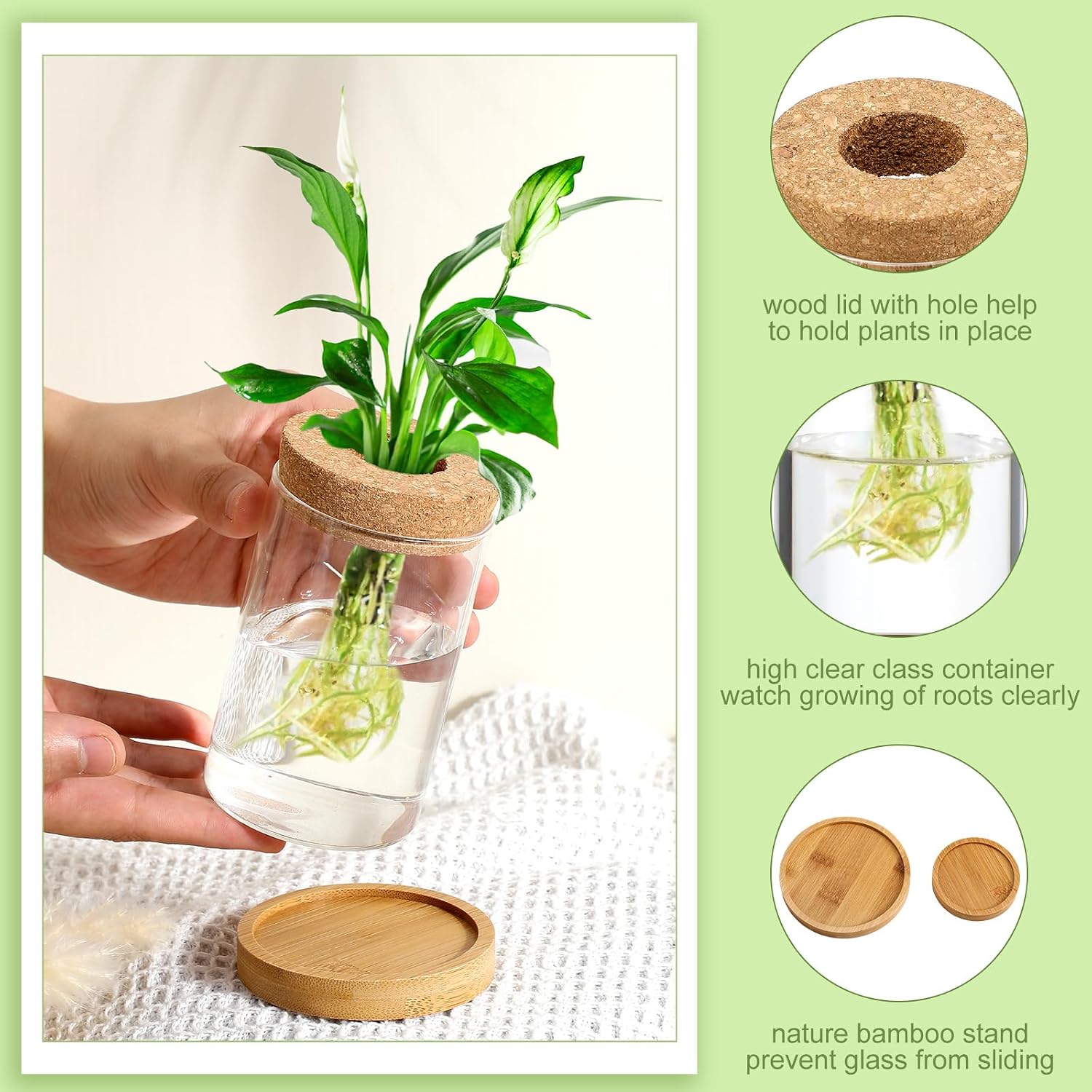 Layhit 4 Pcs Plants Propagation Stations vases Glass Planters with Wooden Lid and Bamboo Stand for Hydroponic Plants