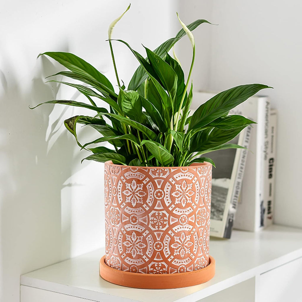 2 Pack Terracotta Plant Pot, 5'' Red Clay Planter Pot with Boho Flower Pattern, Ceramic Cactus Flower Planter Succulent