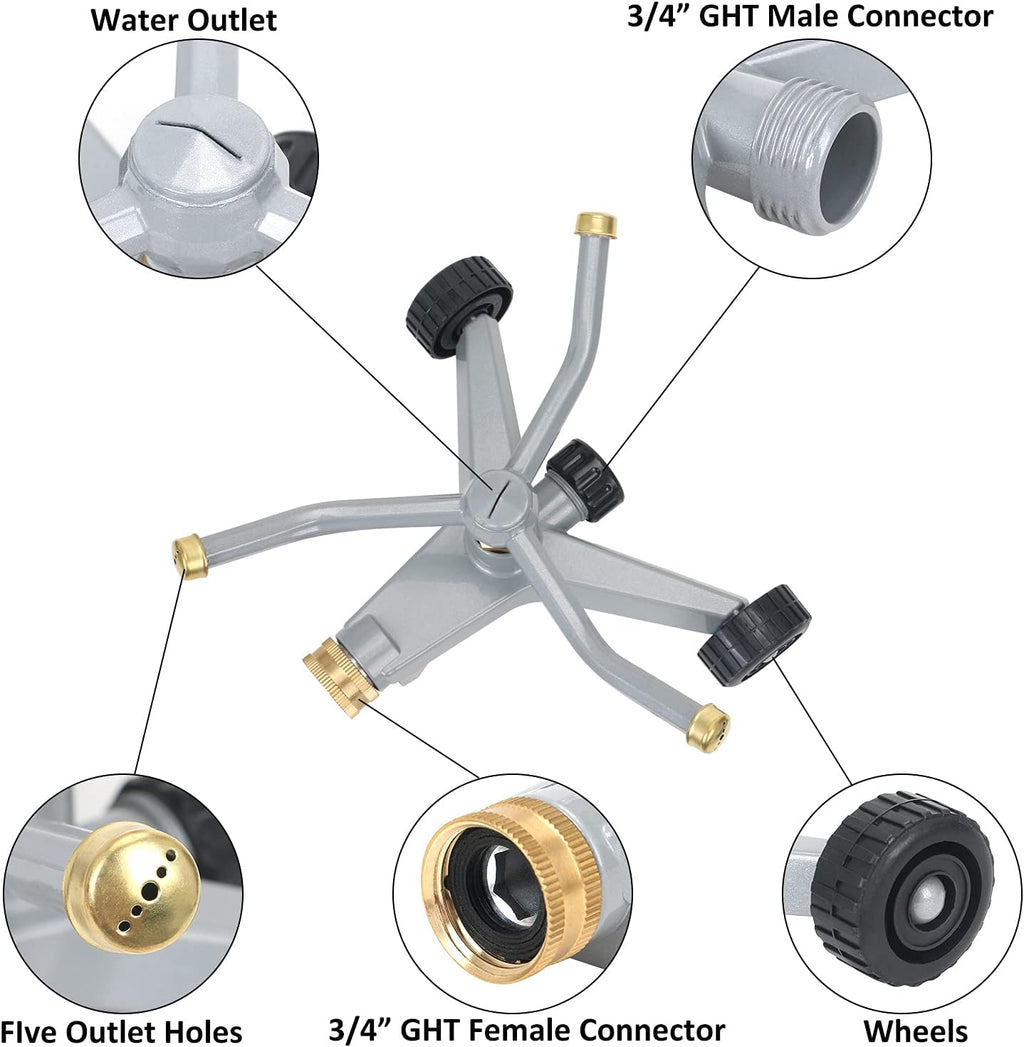 STYDDI Metal Rotating Water Sprinkler for Lawn, Heavy Duty Metal 3-Arms Whirling 360 Degree Automatic Rotary Sprinkler