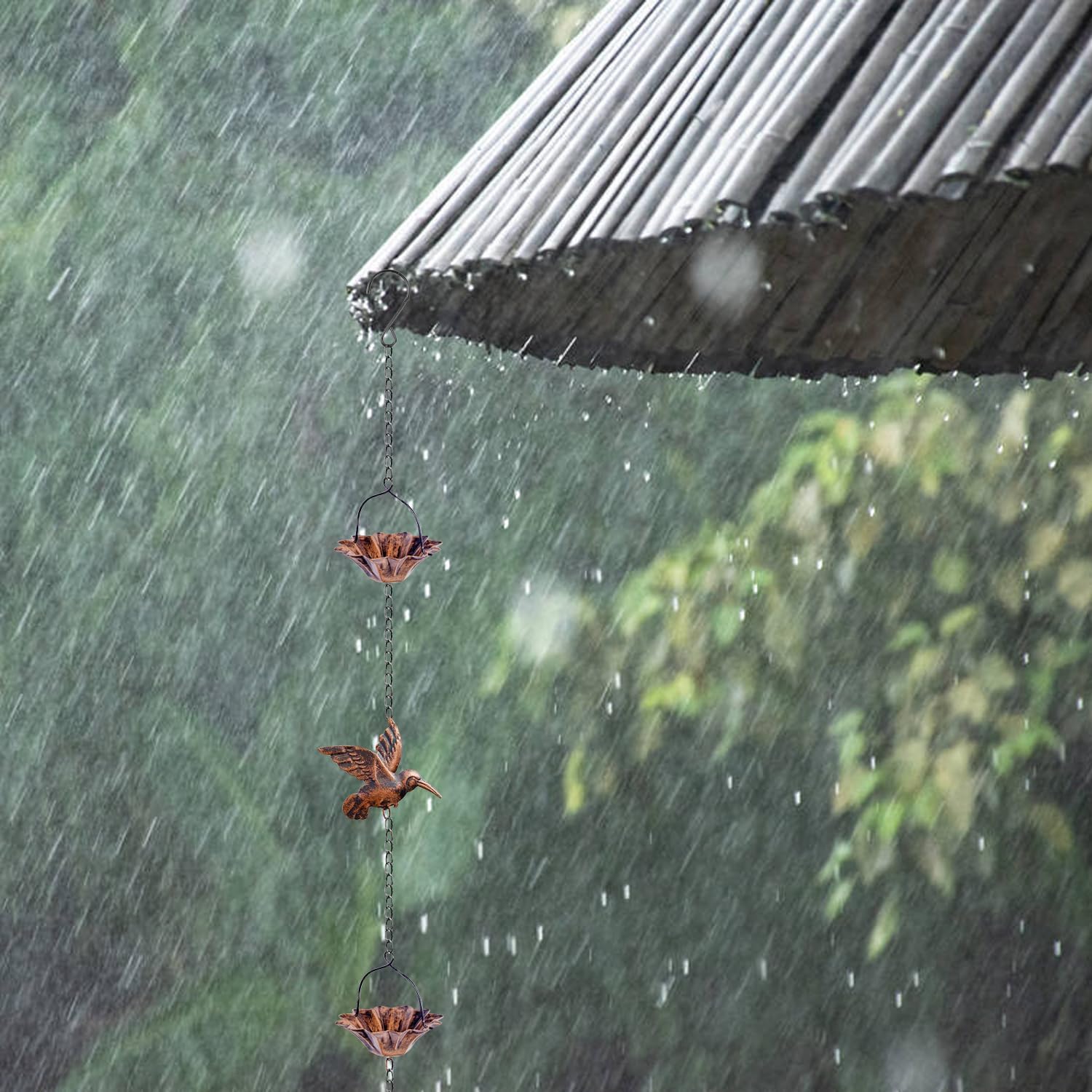 8.5Ft Copper Rain Chains for Gutters | Lotus Rain Catcher Chain for Gutters Outside with Adapter, Hummingbird and Cup