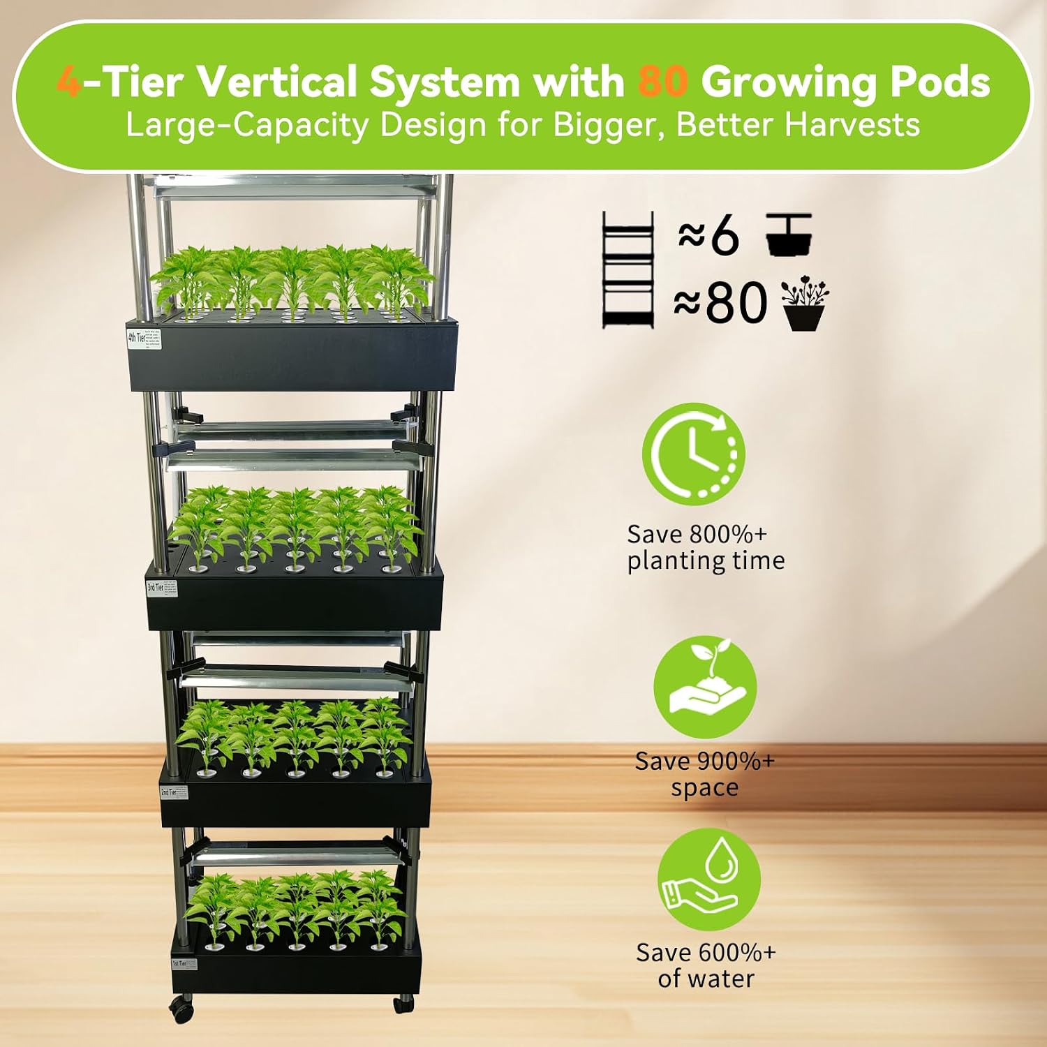 4-Tier 80 Pod Hydroponic Growing System, Smart Vertical Garden | Full-spectrum LED grow lights with auto water pump