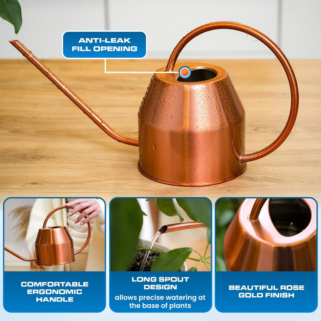 Plexon Rose Gold Metal Watering Can Indoor Plants 40 oz, Stainless Steel Long Spout Watering Can Outdoor House Plant