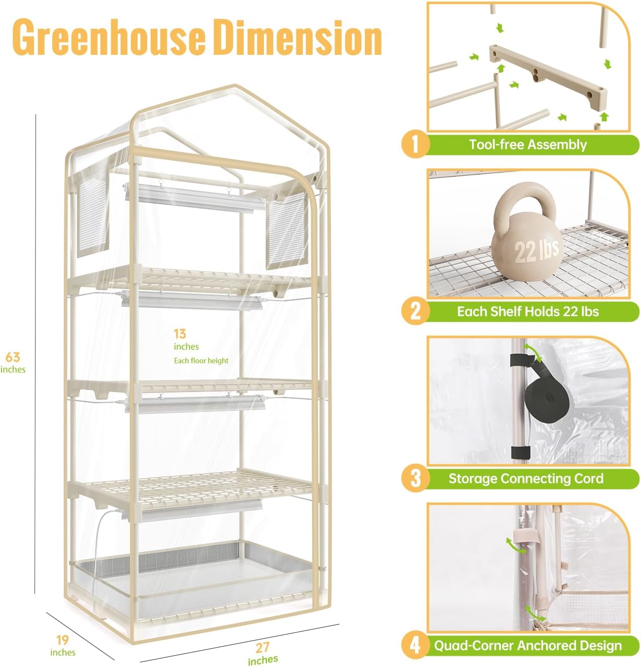 Indoor Greenhouse with Grow Light, 4-Tier Plant Shelf, 27x19x63in | 1.64FT T5 Grow Light for Seedlings, PVC Tent with