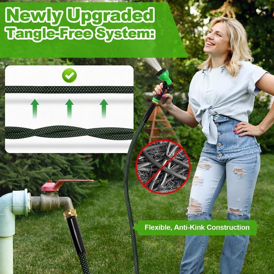 Garden Hose 50ft, Non-Expanding Water Hose with 10 Function Nozzle | Lightweight, Kink Free, Sturdy, Leak-Proof