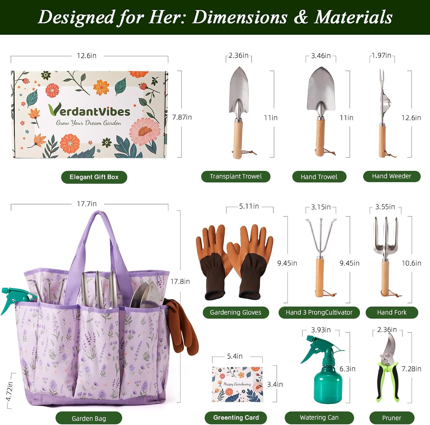 VerdantVibes Gardening Tool Set - 10 Piece Stainless Steel Garden Tools with Wood Handle, Pruners & Purple Lavender