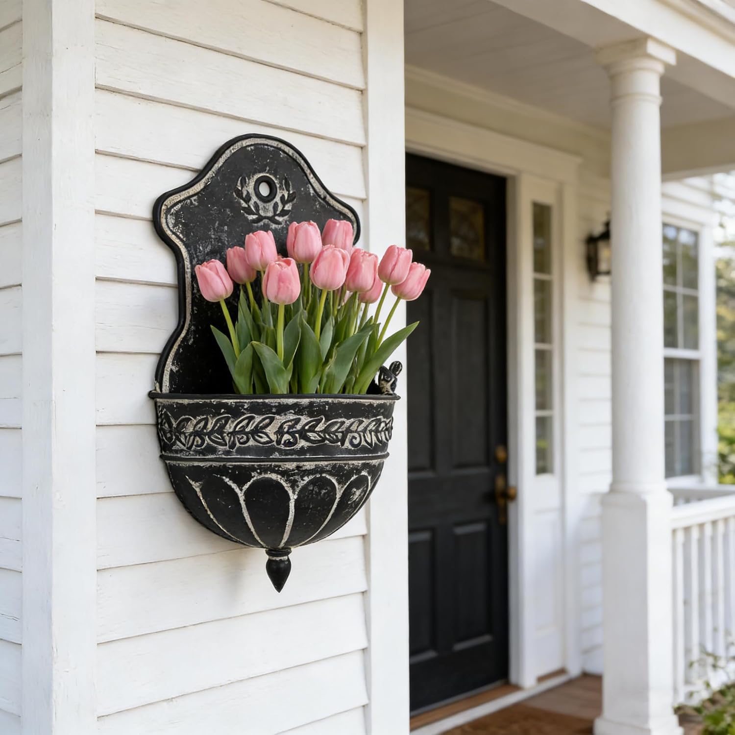 Vintage Distressed Black Metal Wall Planter, Rustic Hanging Pocket Planter with Scrollwork & Scalloped Design
