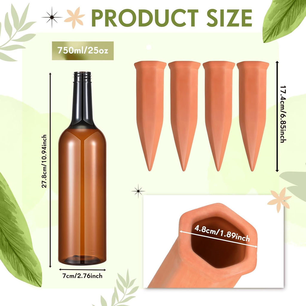 16 Pcs 8 Set Plant Watering Devices, Terracotta Watering Spikes with 25 oz Plastic Wine Bottles, Slow Release Vacation