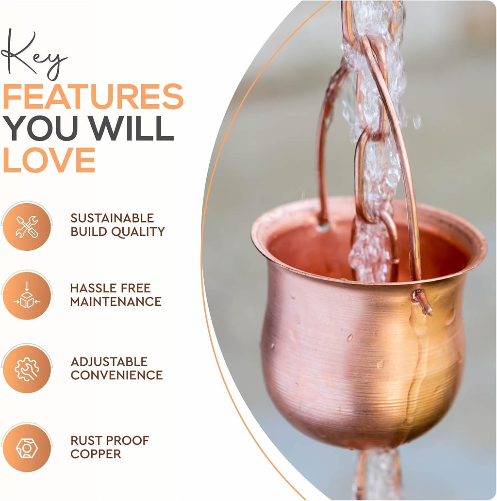 Copper Rain Chain – Decorative Chimes & Cups Replace Gutter Downspout & Divert Water Away from Home for Stunning