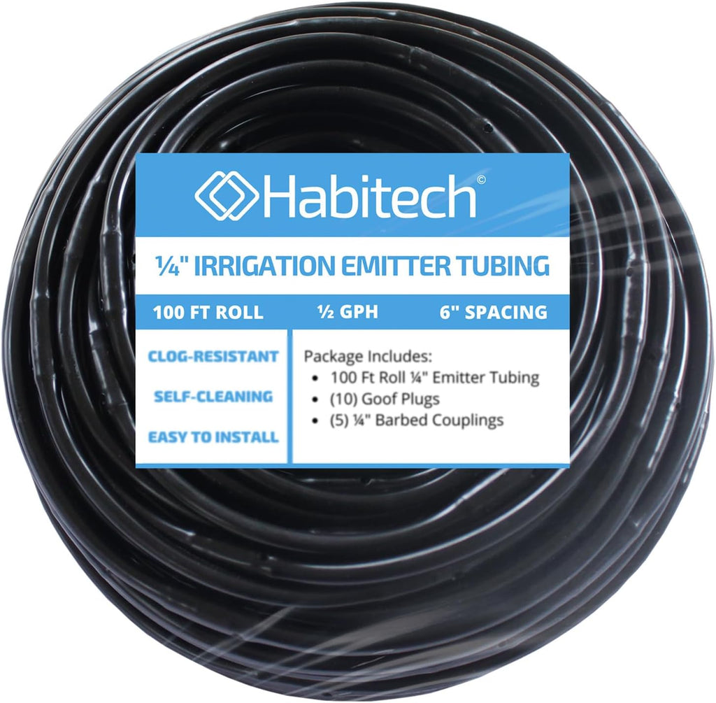 1/4" Irrigation Dripline Tubing (100 Ft Roll) - 6" Emitter Spacing - 1/4" Drip Irrigation Fittings Included