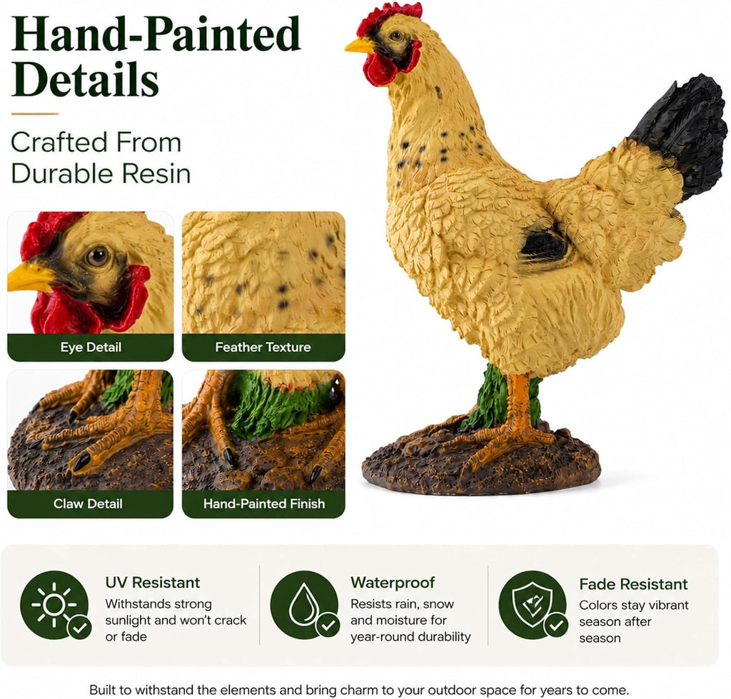 Outdoor Yellow Hen Statue for Garden, Yard & Flower Bed Decor | Weather-Resistant Resin, Chicken Figurine Adds