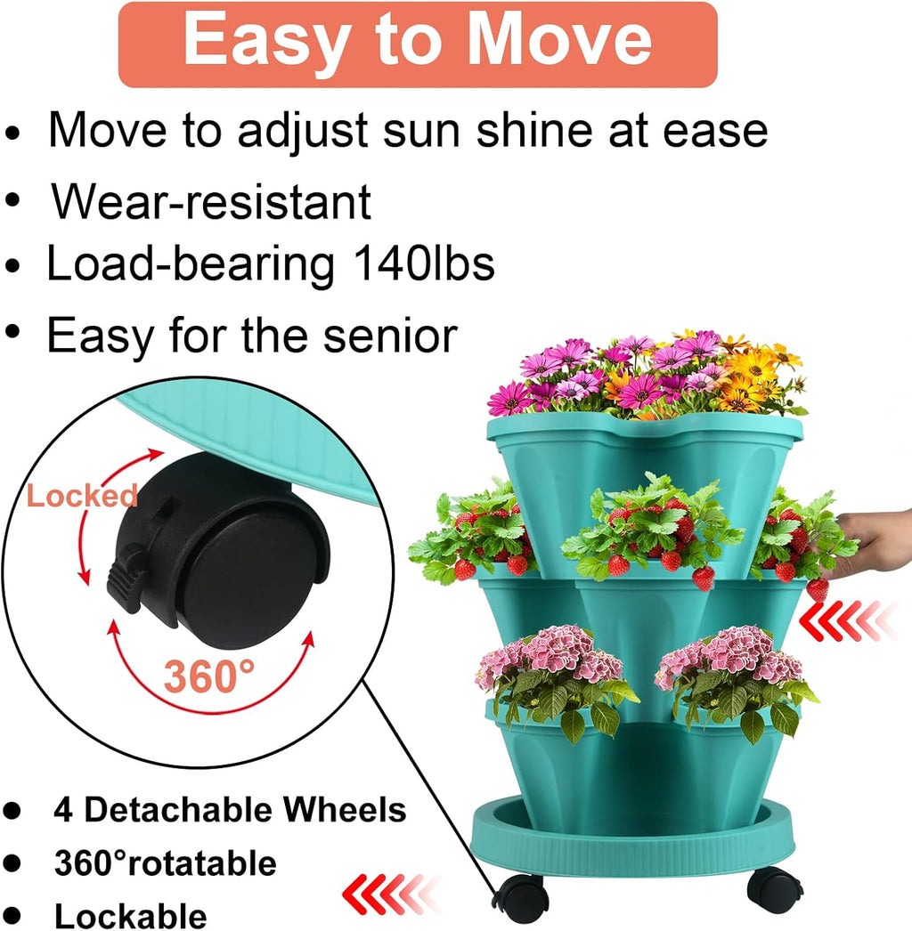 DUNCHATY Stackable Planter, Vertical Garden Planter with Wheels and Tools, Self Watering Strawberry Planter