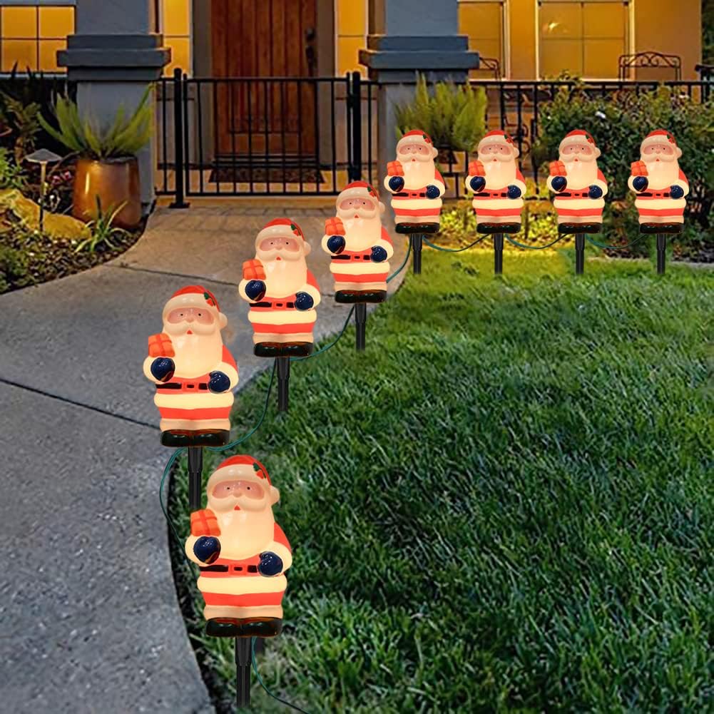GOOTHY 2 Sets Santa Christmas Pathway Lights, 7Ft C7 Outdoor Christmas String Lights with 8 Santa Claus Marker Stakes Light, Connectable Xmas Decorations Light for Patio Yard Driveway Garden Walkway
