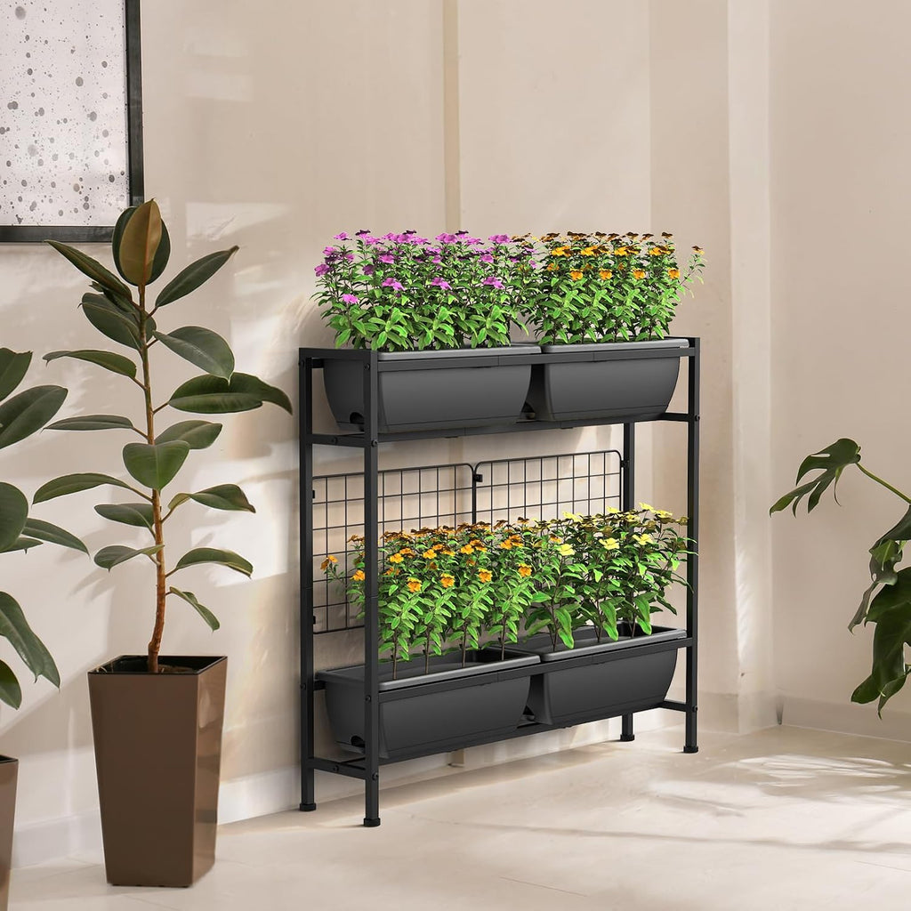 CADUKE Raised Planter Box, Plastic Raised Garden Bed with Legs, Standing Planter Box with Drainage Holes & Trellis, 32"