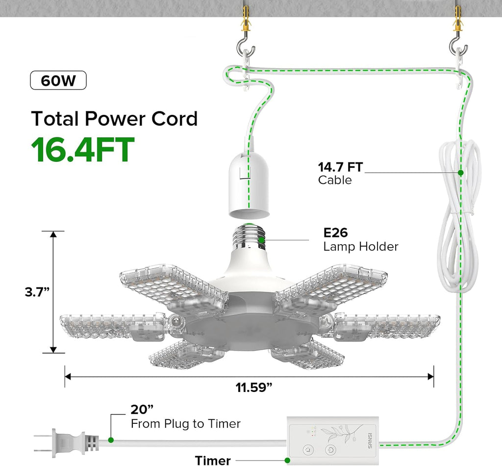 SANSI Hanging Grow Lights for Indoor Plants, Hanging Plant Light with Timer | 60W Adjustable 6-Panels, Full Spectrum