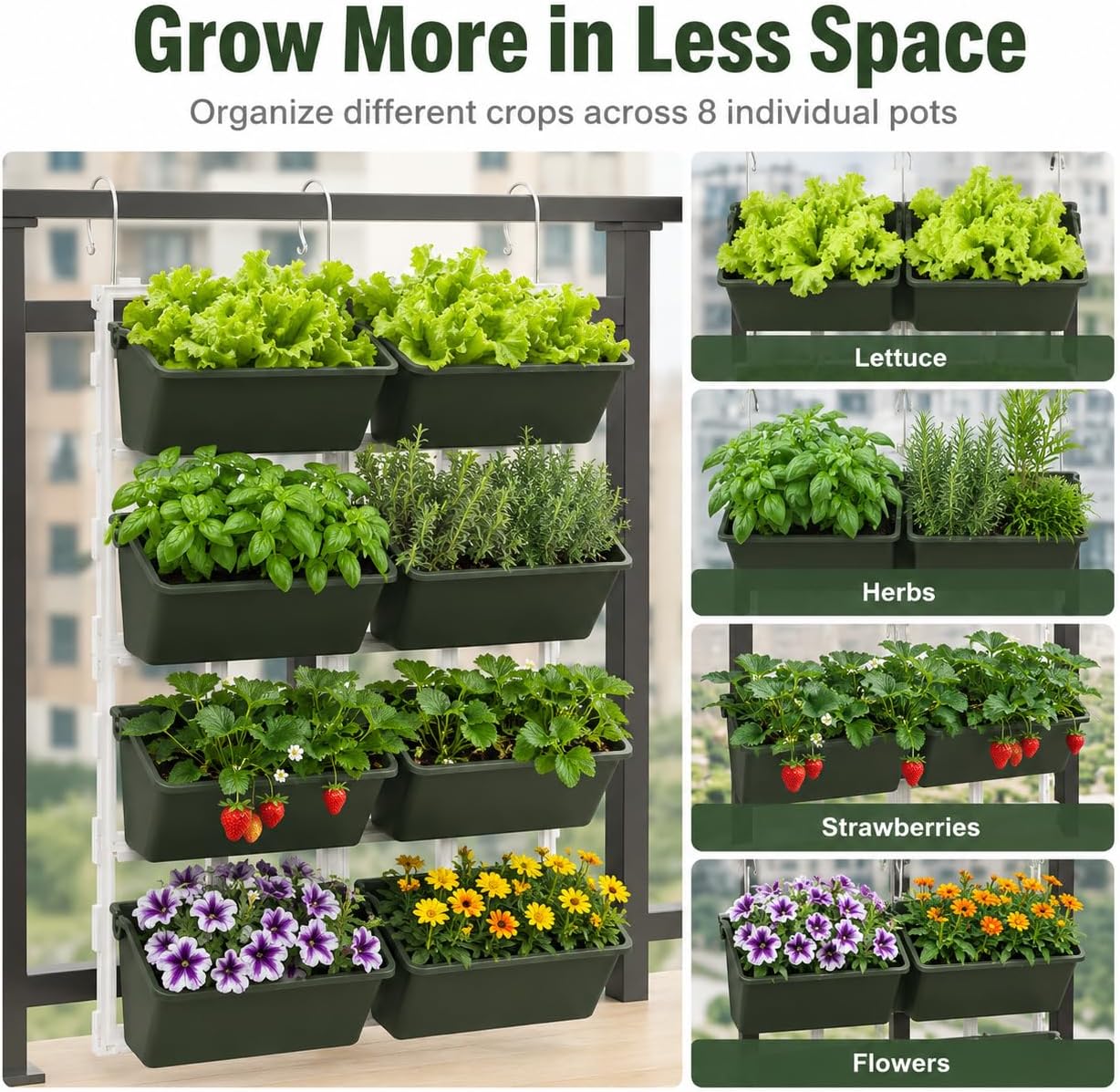 Vertical Garden Wall Planter, 4-Tier Stackable Wall Planter with 8 Pockets | for Indoor Outdoor Vegetables, Flowers