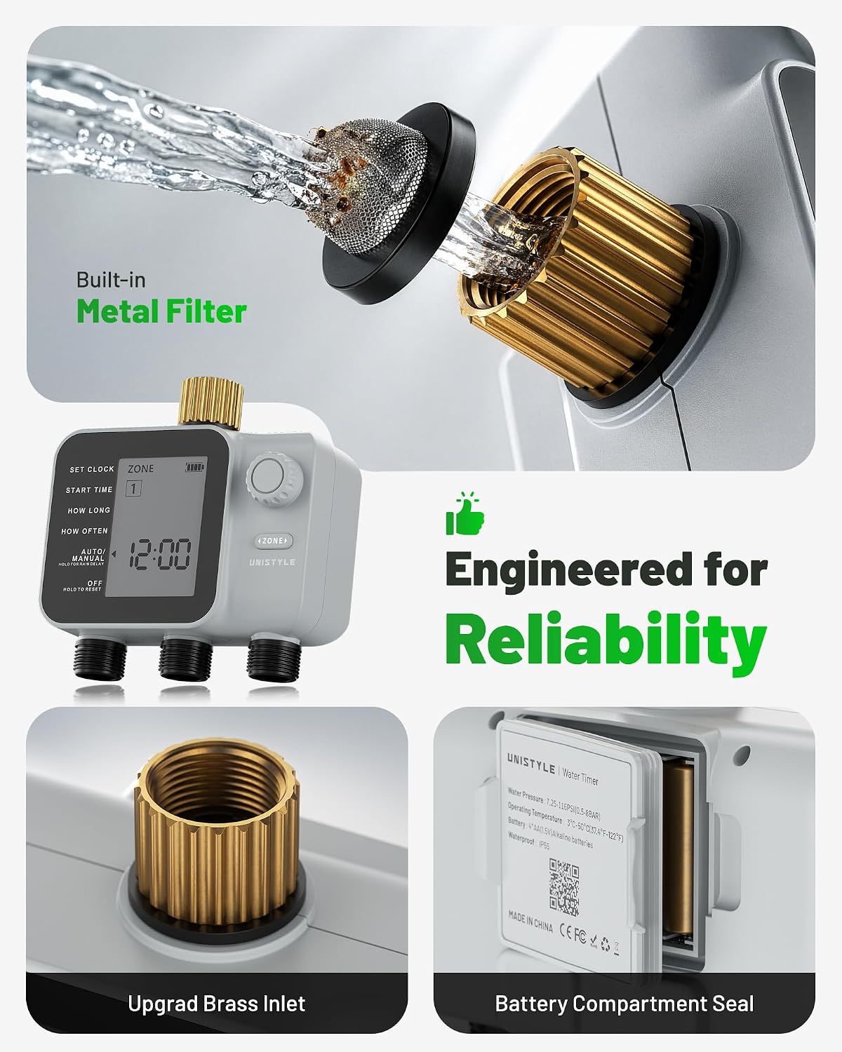 [All-New 2027] 3 Zone Sprinkler Timer with Brass Inlet, Unistyle Water Timer for Garden Hose with Rain Delay/Manual