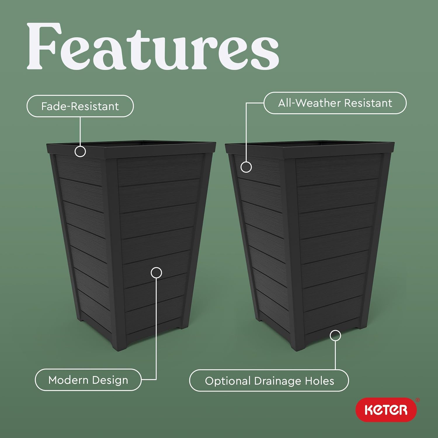 Keter Set of 2 Resin Modern Outdoor 22 Inch Tall Large Flower Pots, Tapered Wood Look Planters for Outdoor Plants and